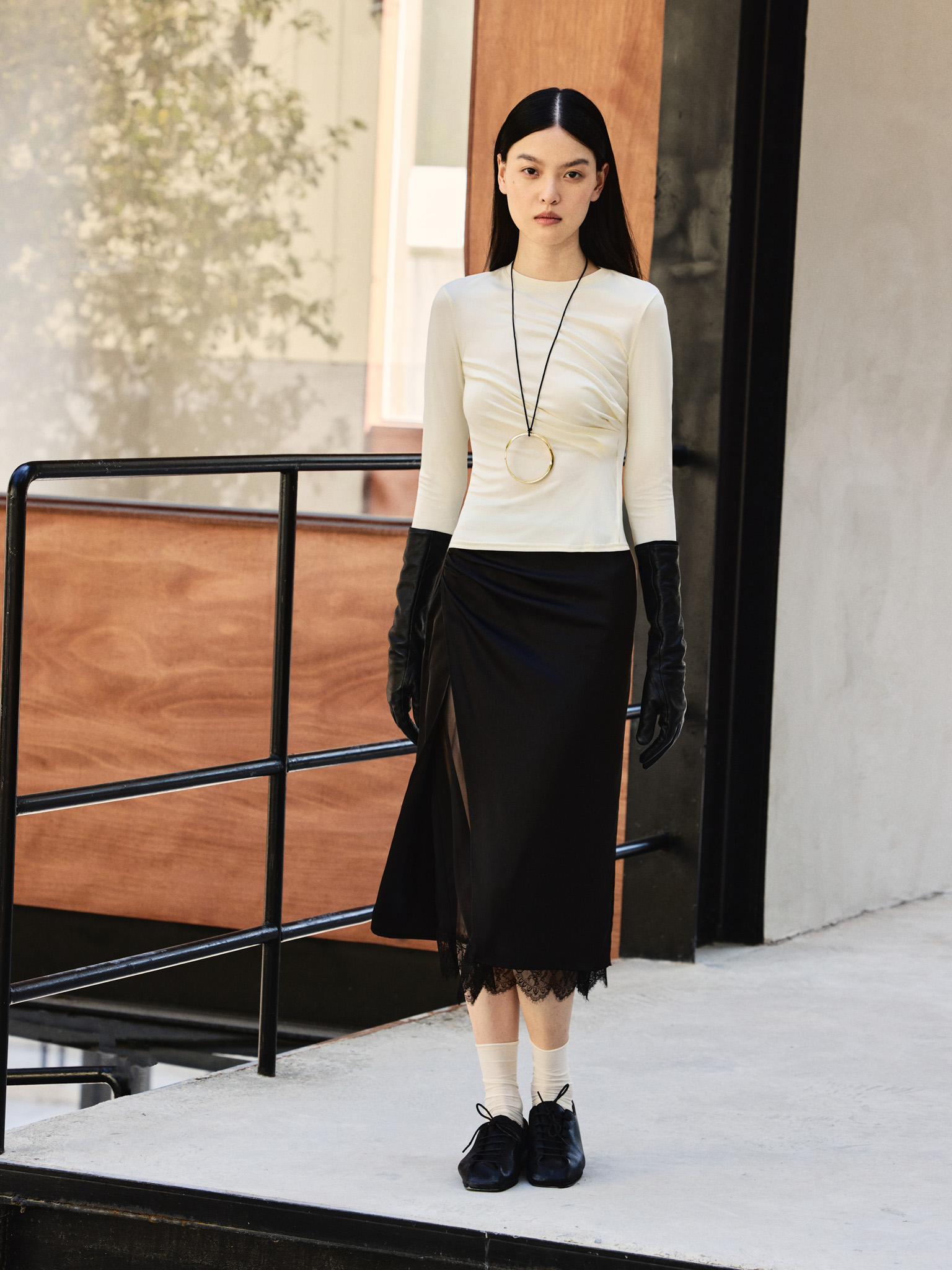 Satin midi skirt with lace trim