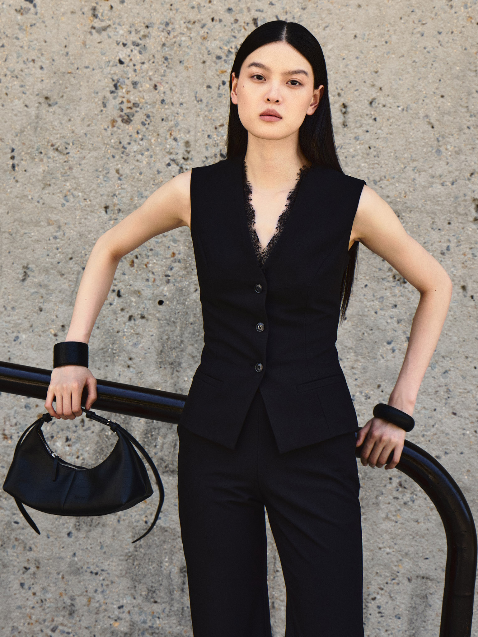 Waistcoat in suiting fabric with lace decor