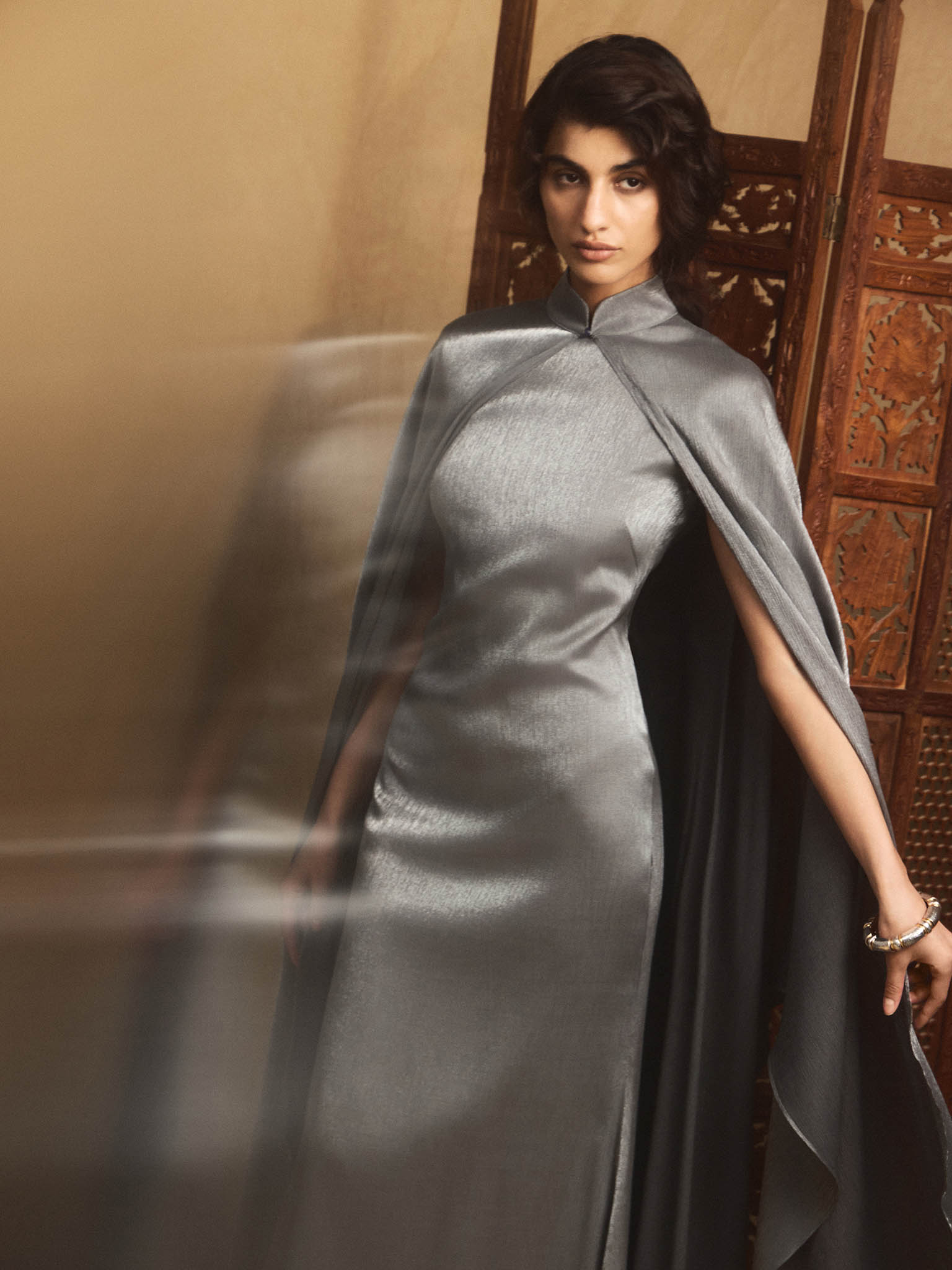 Metallic fabric maxi dress with long cape