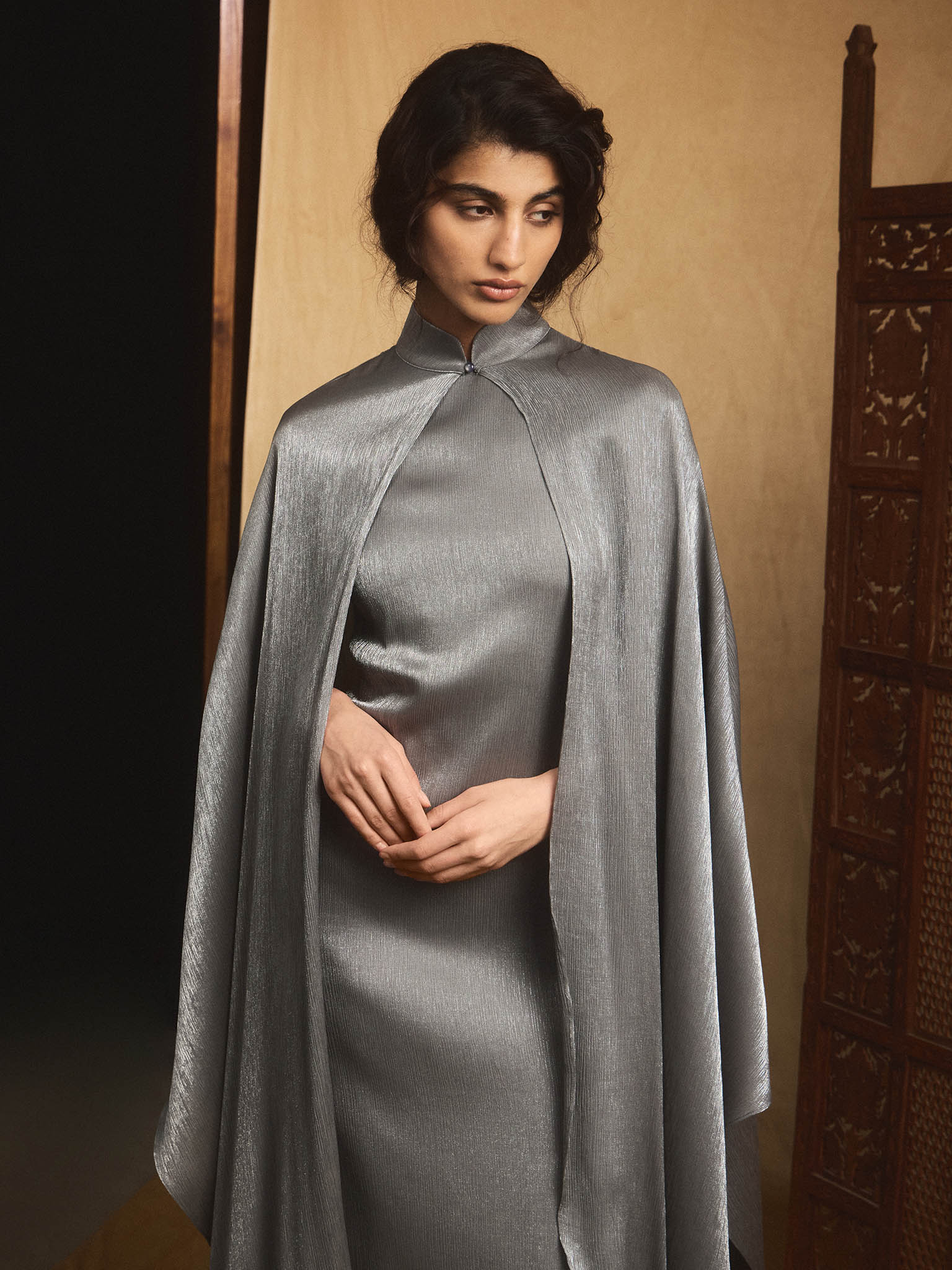 Metallic fabric maxi dress with long cape