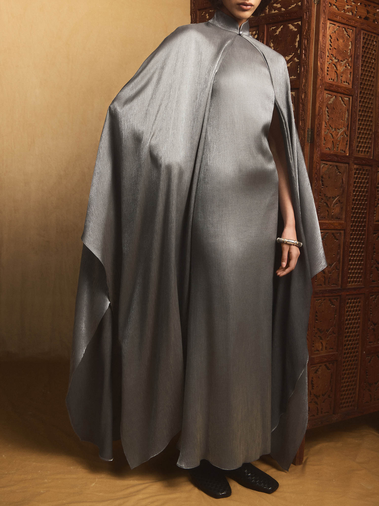 Metallic fabric maxi dress with long cape