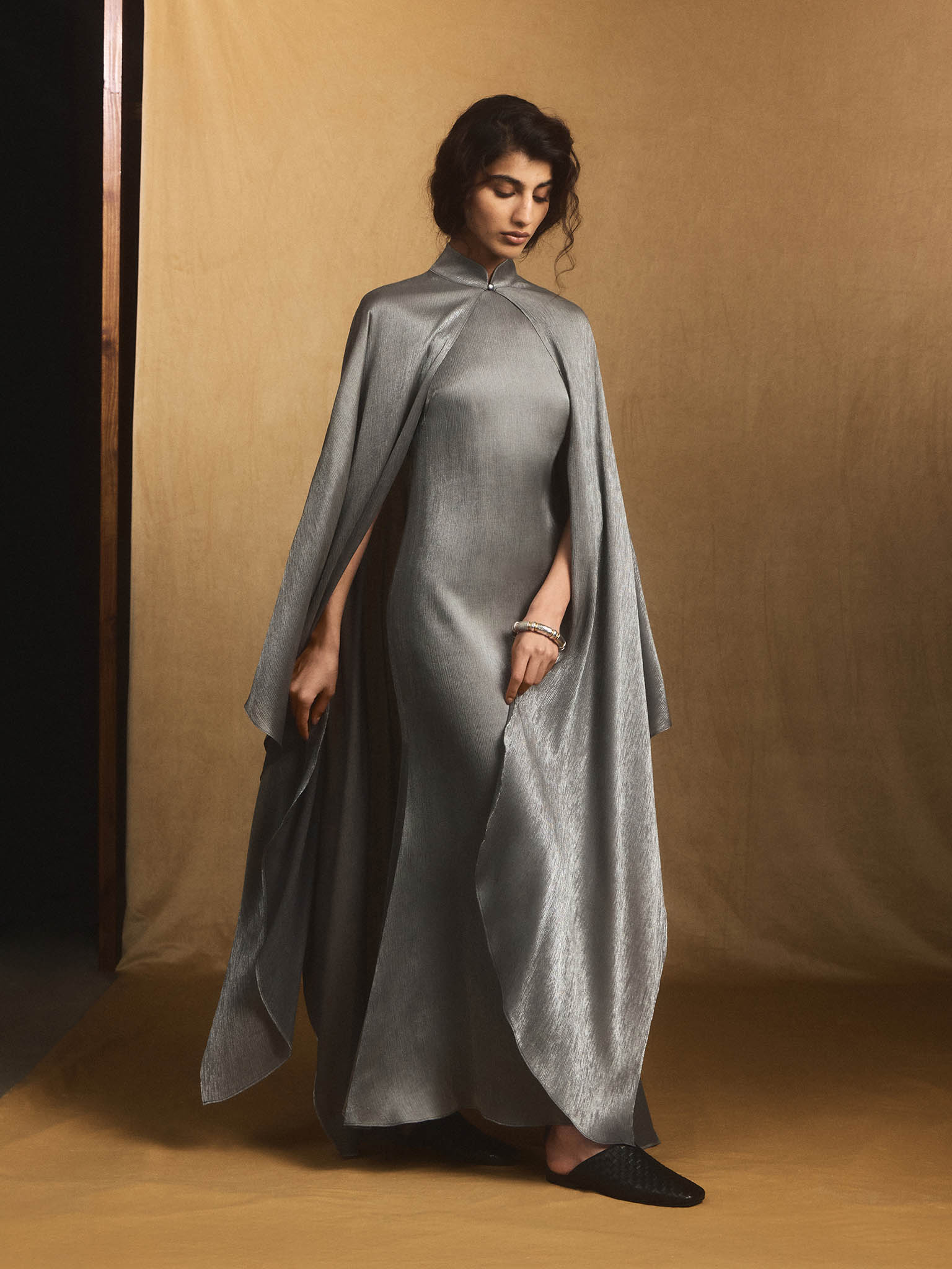 Metallic fabric maxi dress with long cape