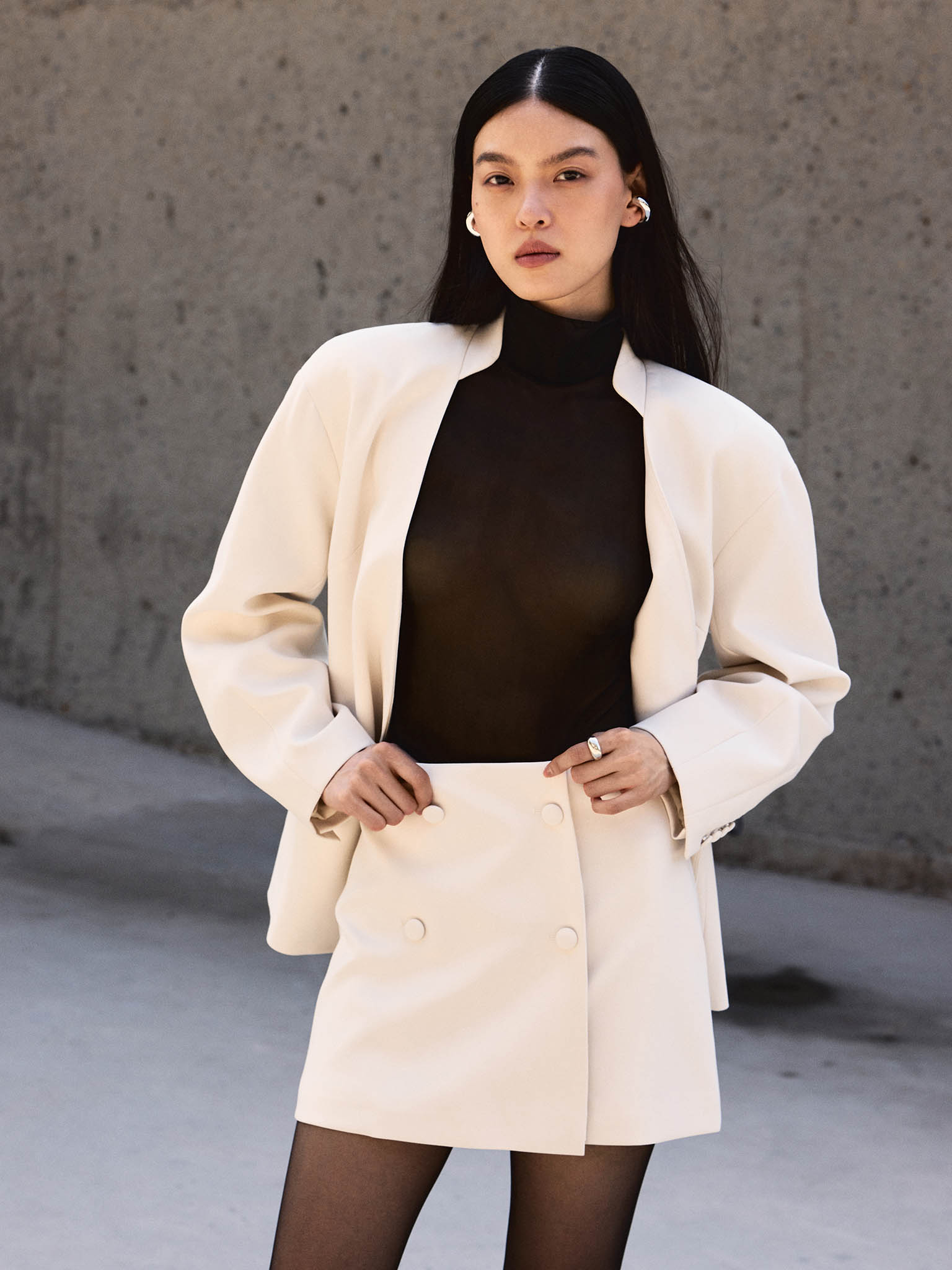Wrap mini skirt with covered buttons