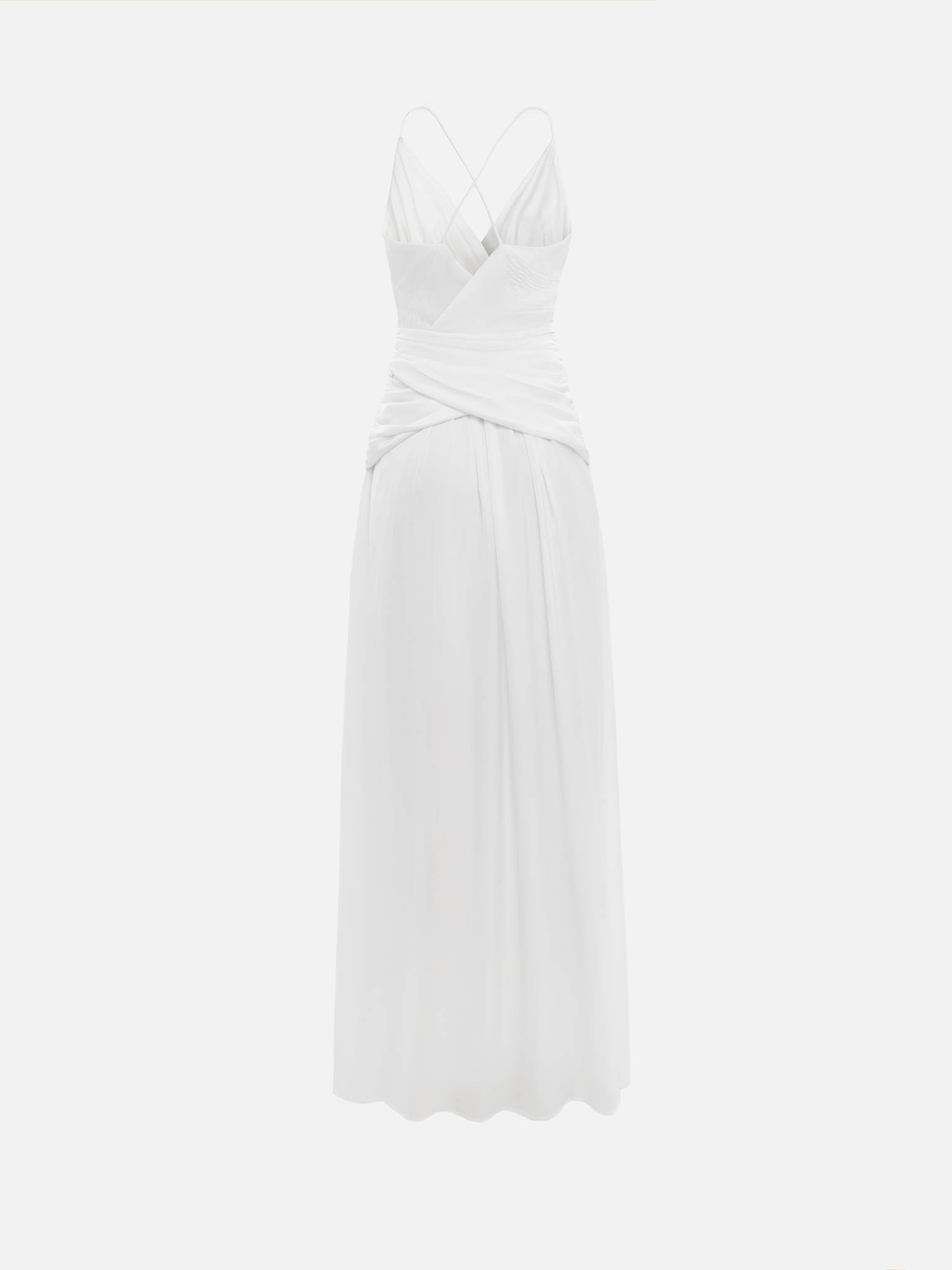 Maxi dress with thin straps and draping at the waist