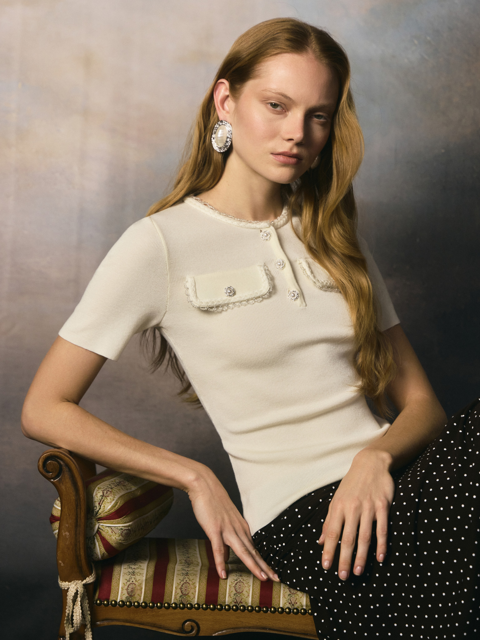 Ribbed viscose top with beaded detailing and short sleeves