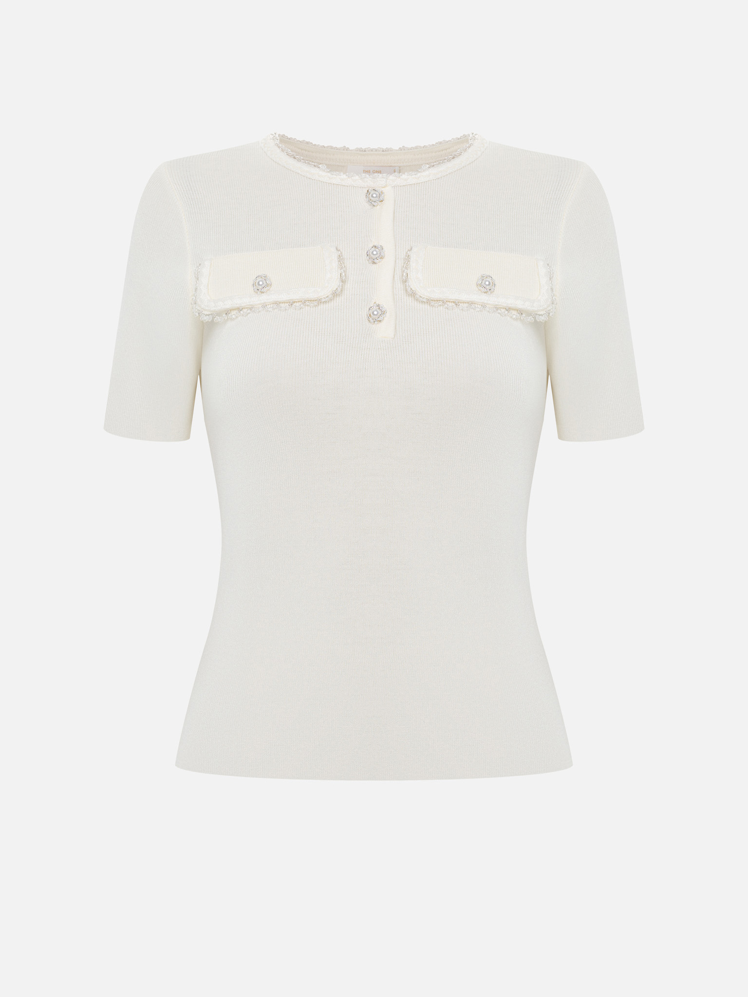 Ribbed viscose top with beaded detailing and short sleeves