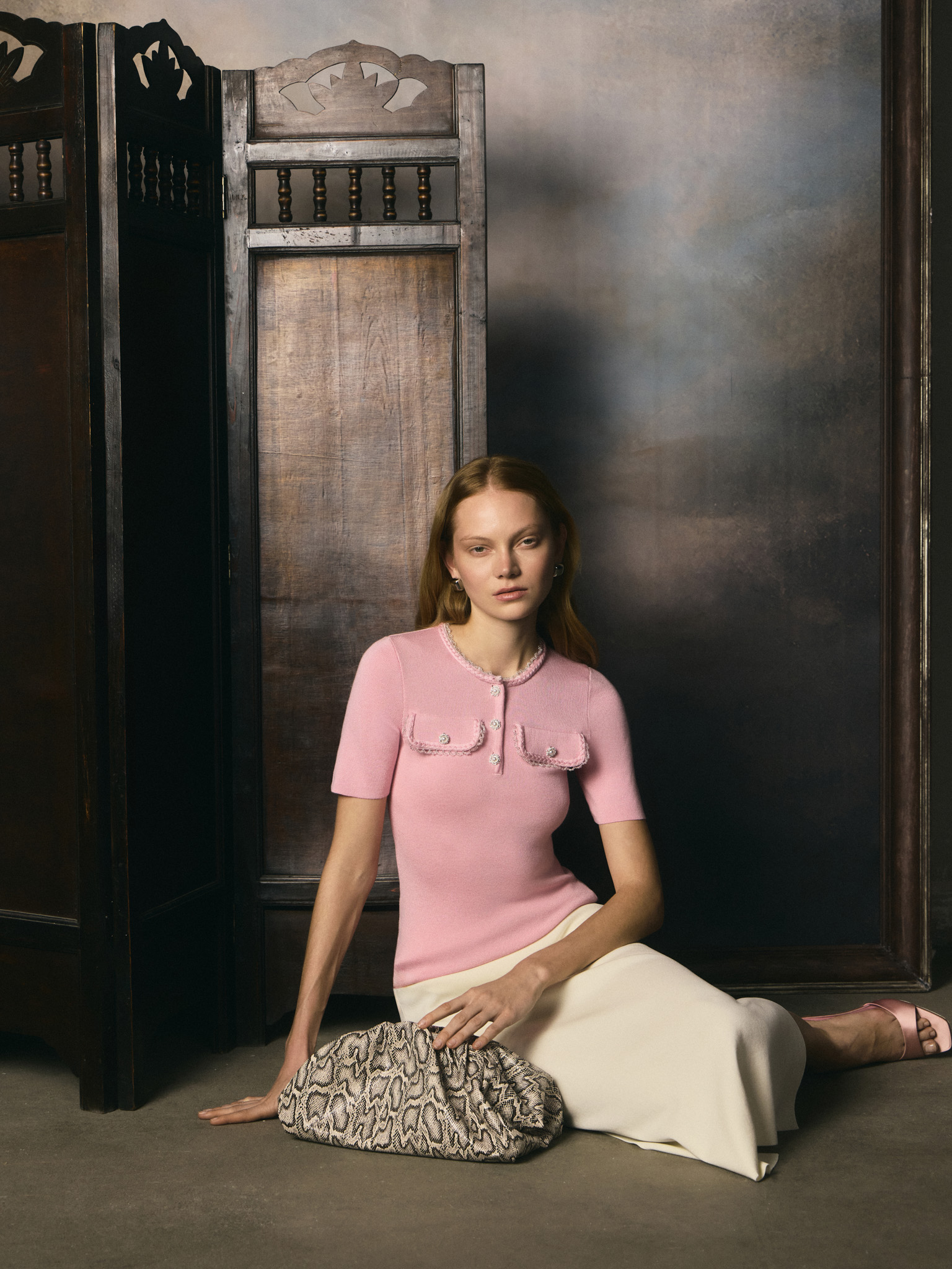 Ribbed viscose top with beaded detailing and short sleeves