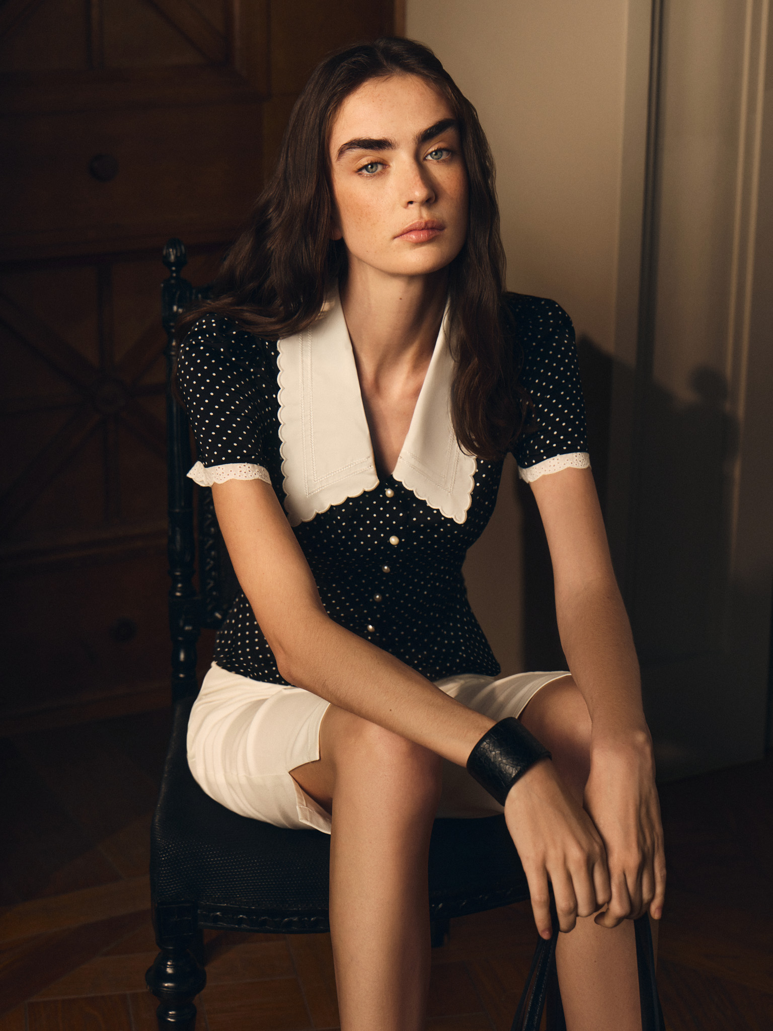 Polka dot blouse with a statement turn-down collar