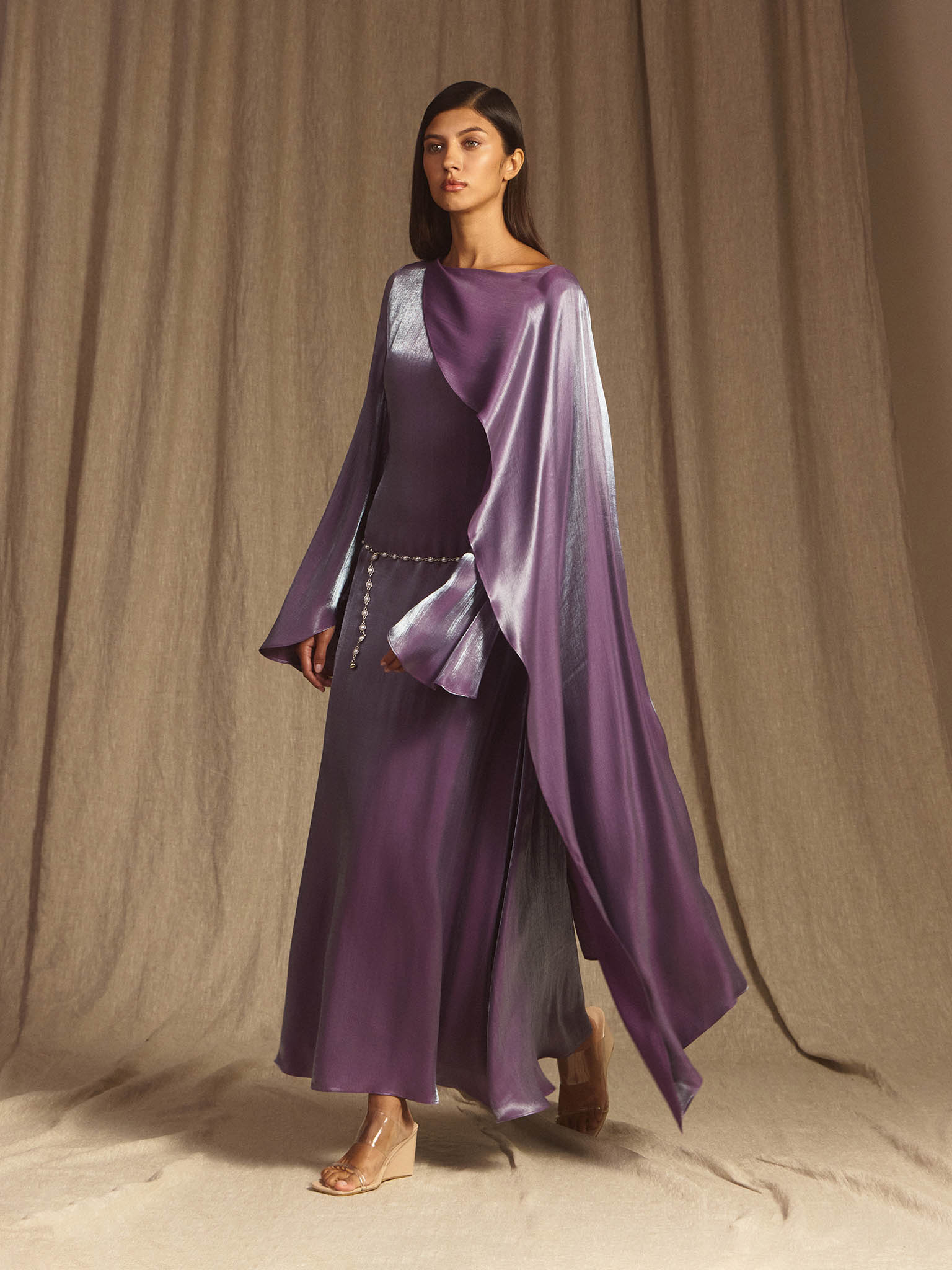 Textured maxi dress with one shoulder cape