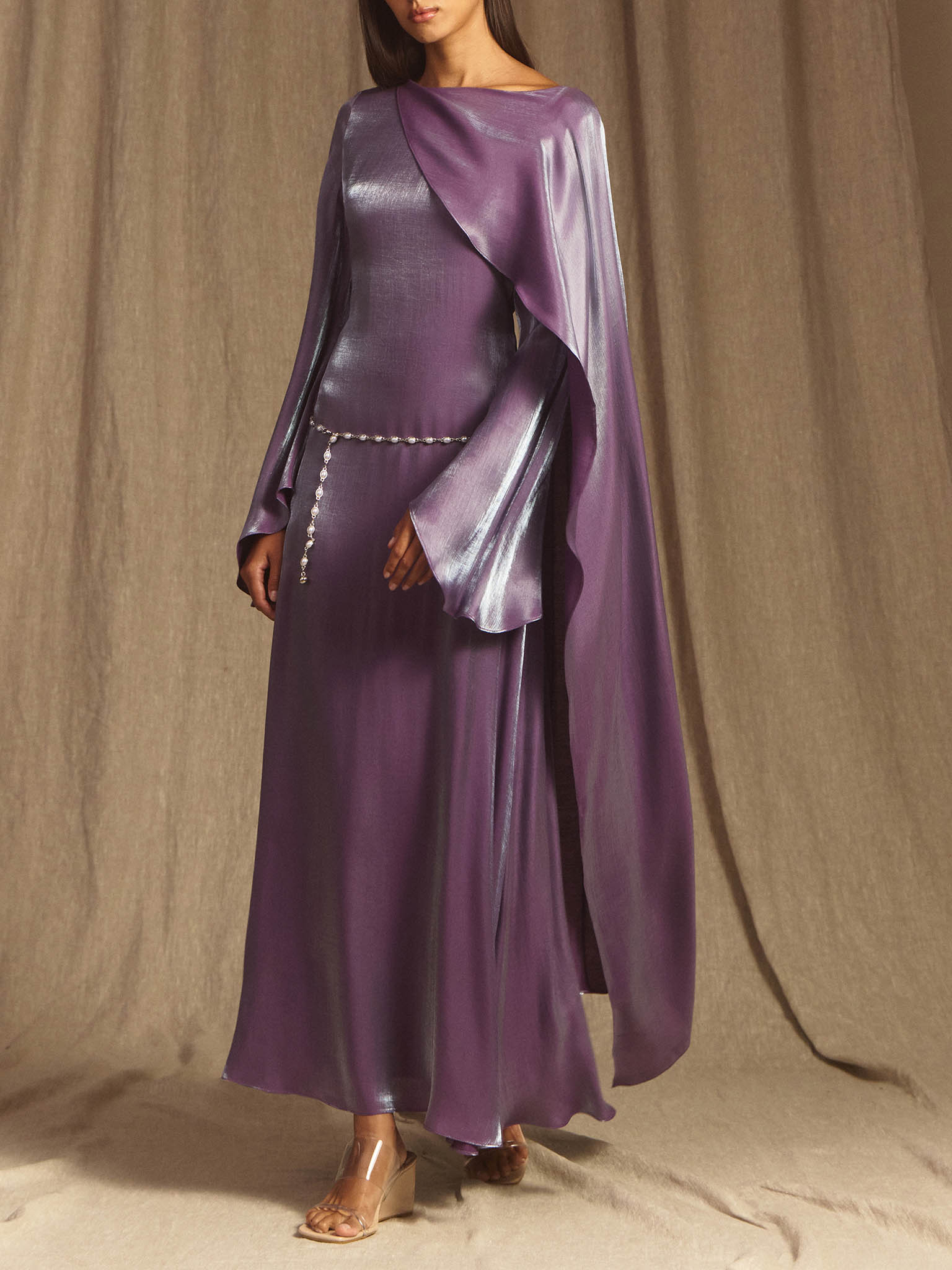 Textured maxi dress with one shoulder cape