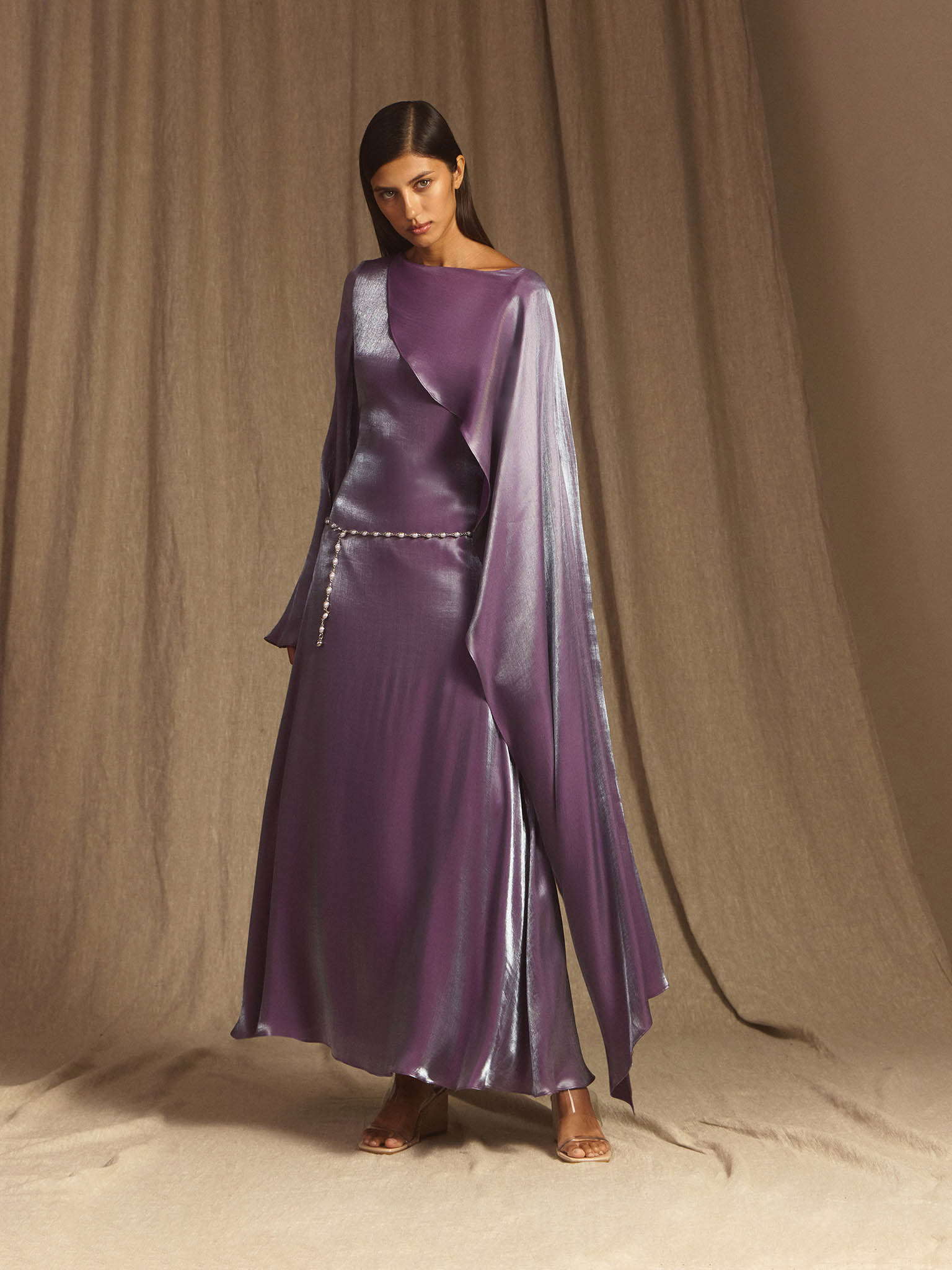 Textured maxi dress with one shoulder cape