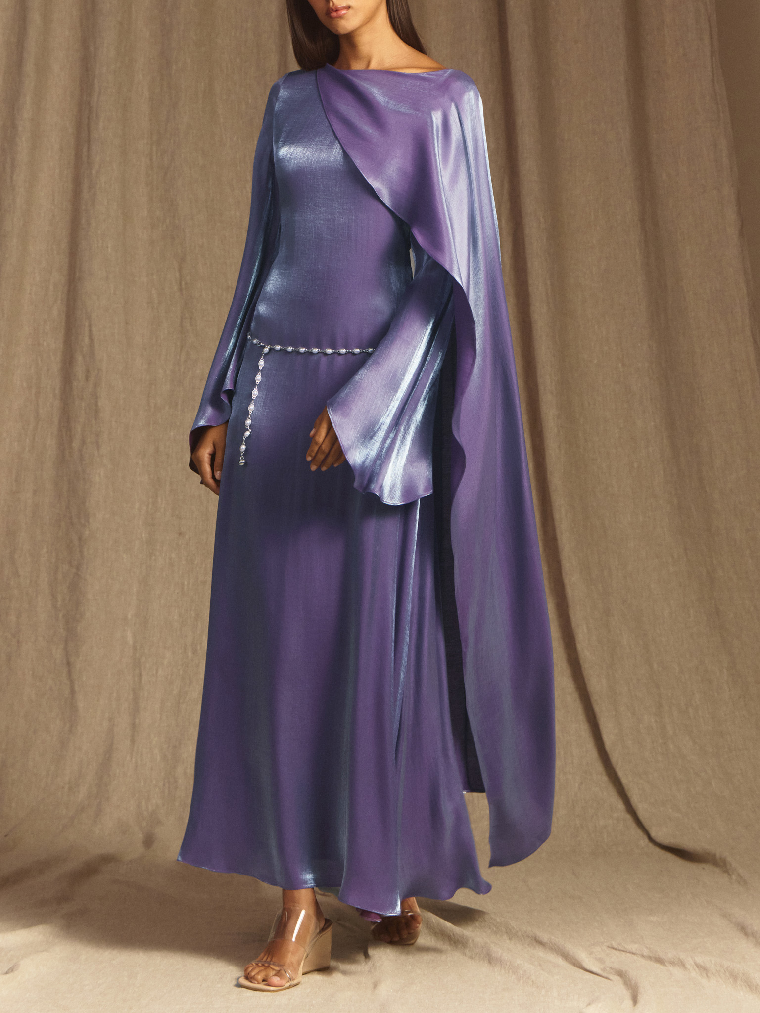 Textured maxi dress with one shoulder cape