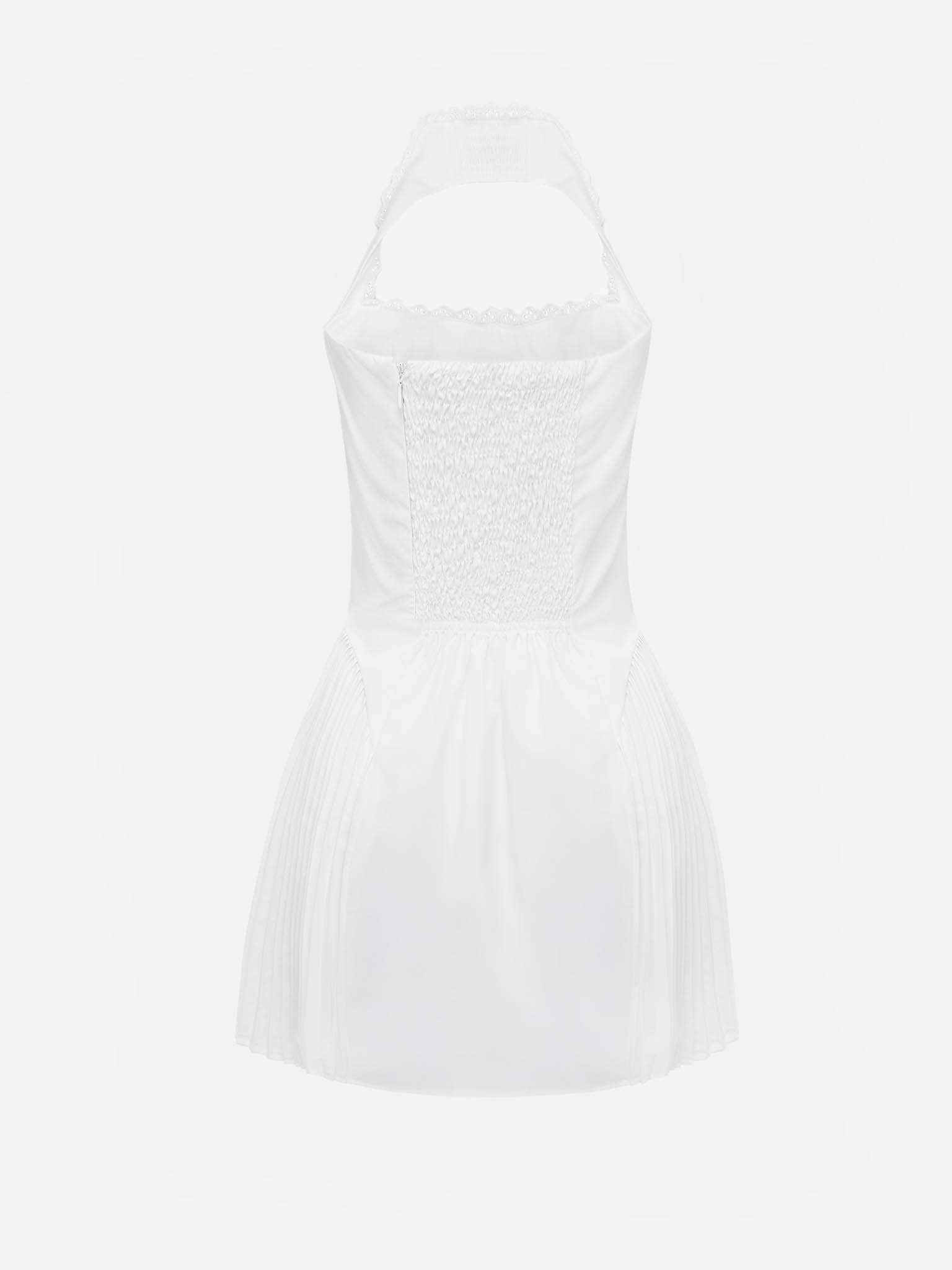 Strapless mini dress with pleated inserts on the skirt