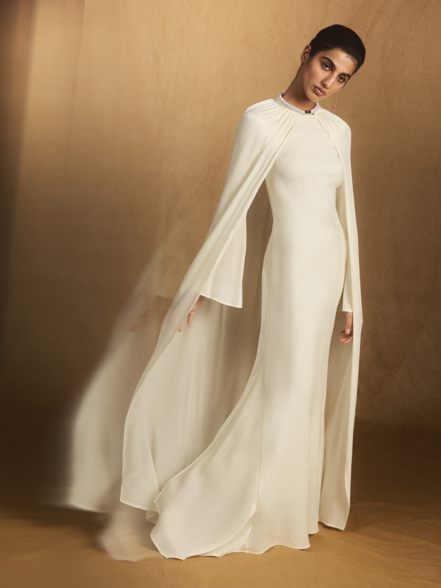 Maxi dress in a jacquard-effect fabric with tonal cape