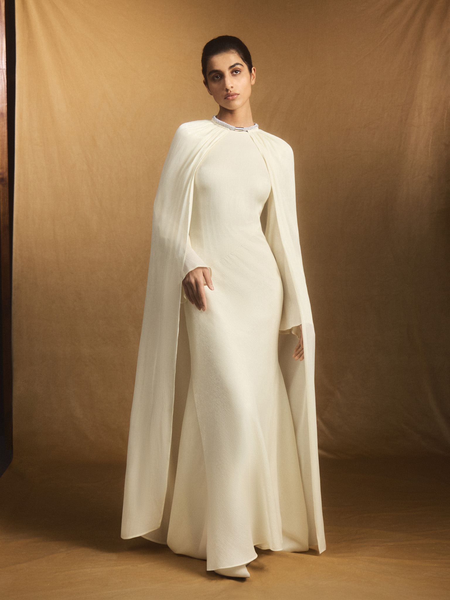 Maxi dress in a jacquard-effect fabric with tonal cape