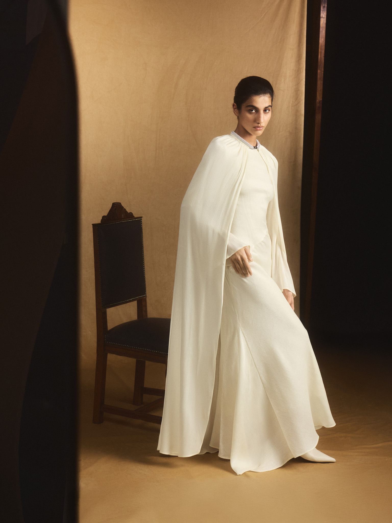 Maxi dress in a jacquard-effect fabric with tonal cape