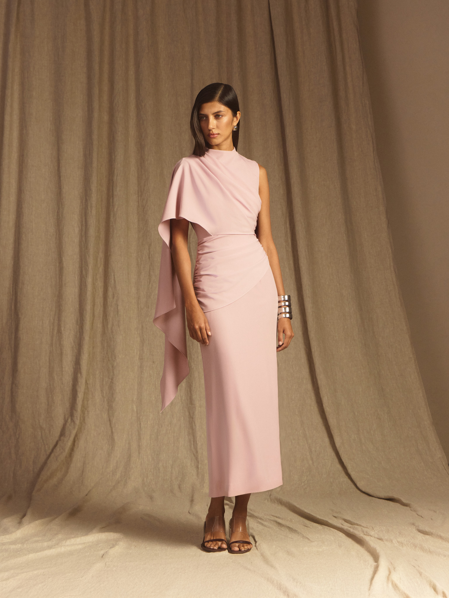 Maxi dress with one-shoulder draping