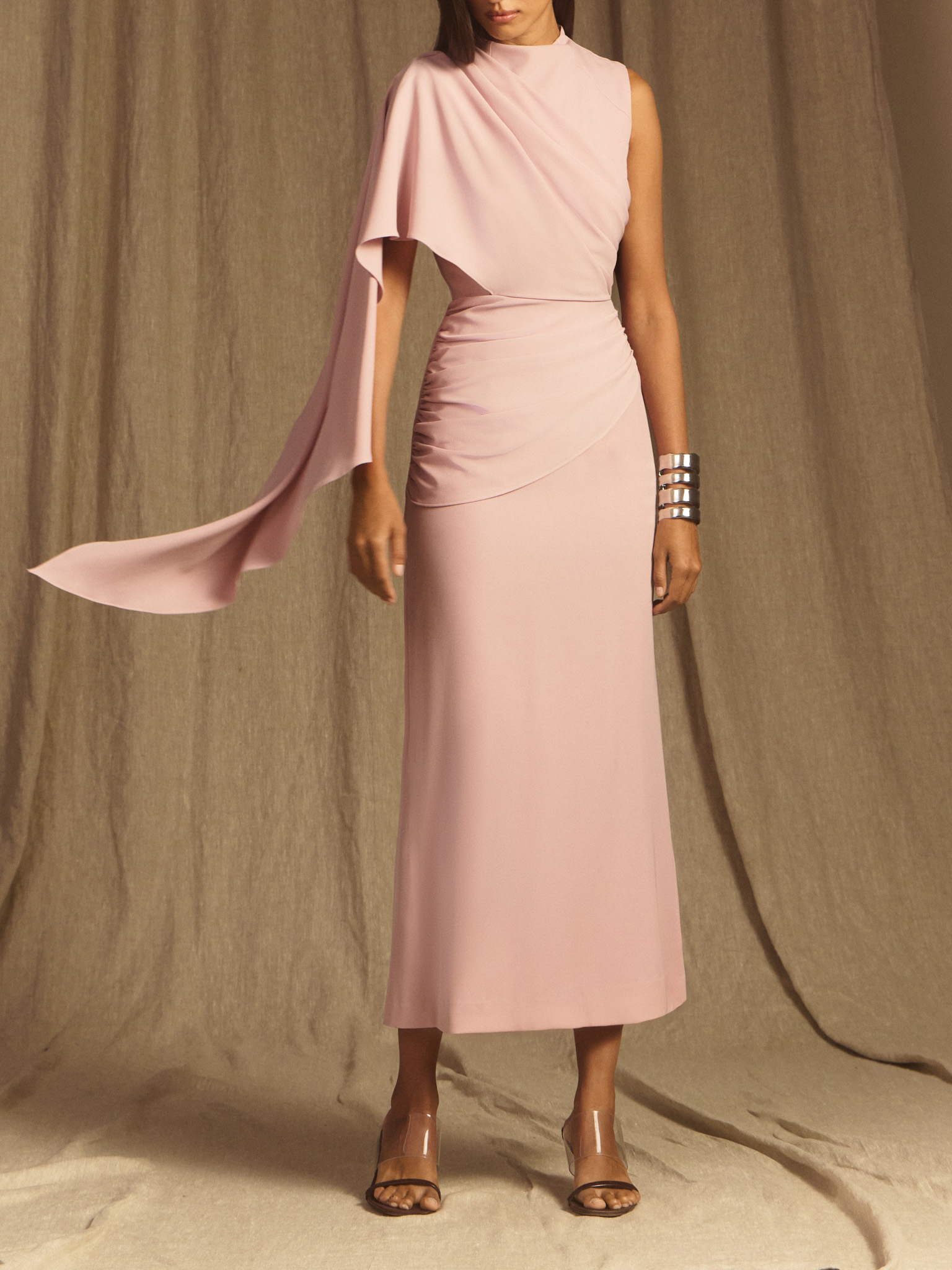 Maxi dress with one-shoulder draping