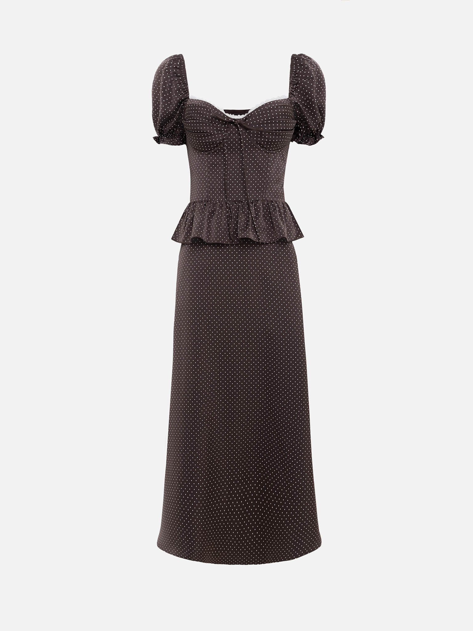 Gepunktetes Midi-Kleid mit Schößchen in der Taille