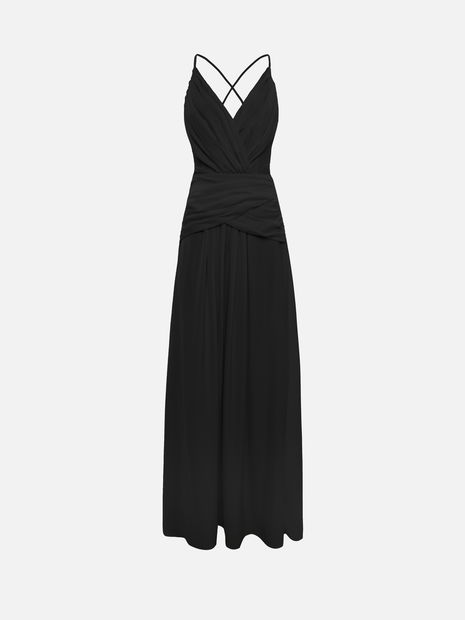 Maxi dress with thin straps and draping at the waist