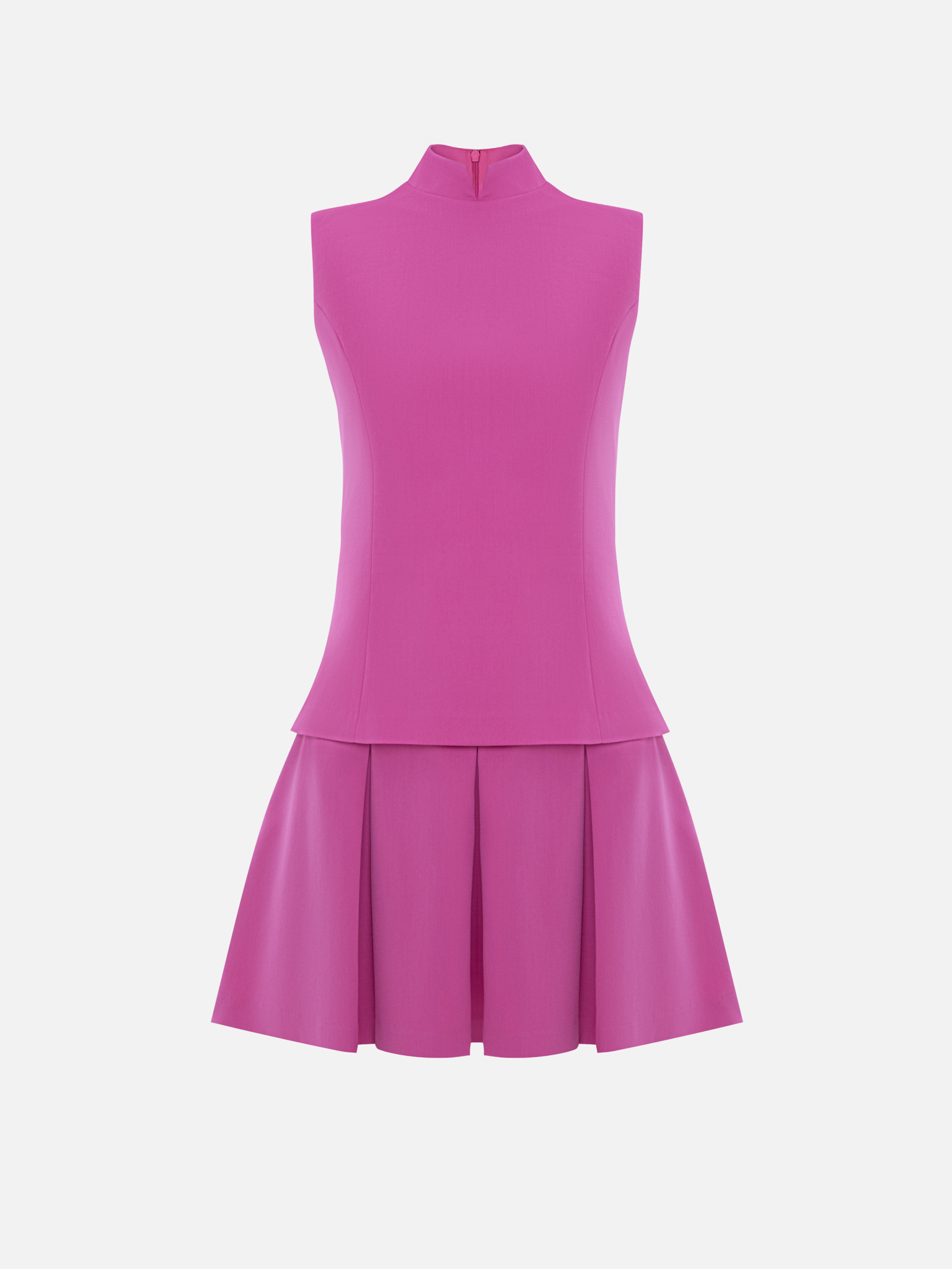 Mini dress with a stand-up collar and a pleated skirt