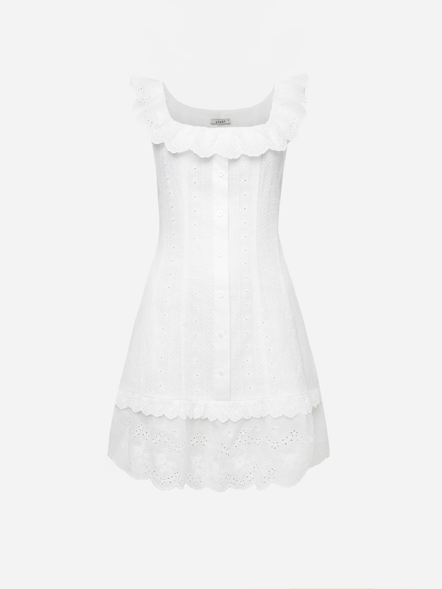 Mini dress in textured fabric with ruffles on the collar and skirt