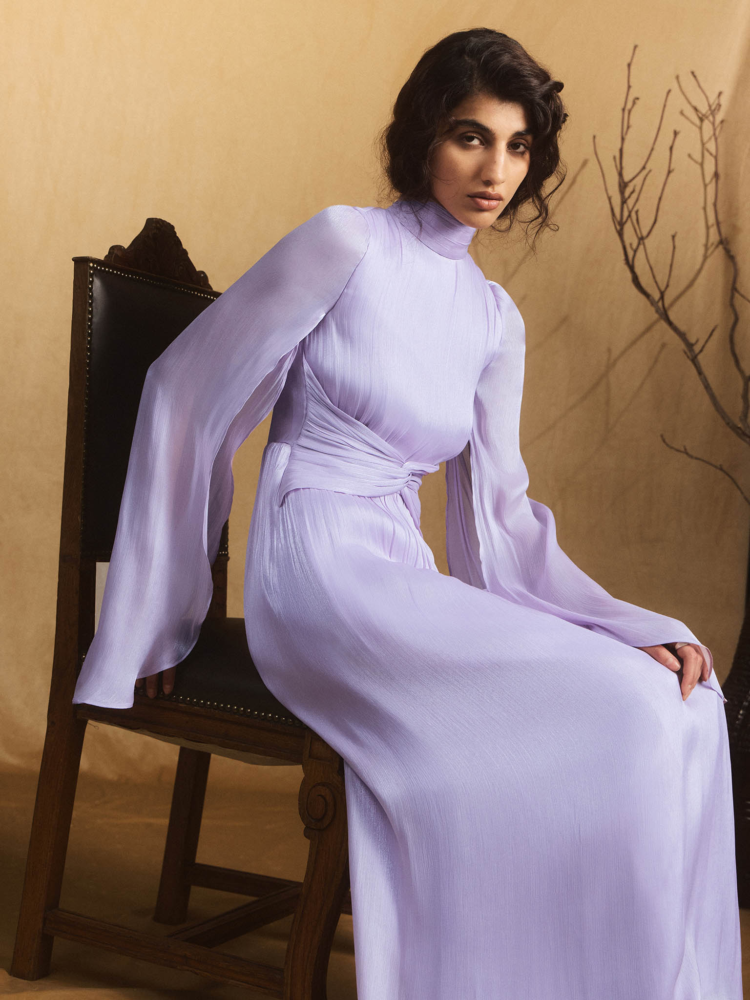 Metallic fabric maxi dress with light sleeves