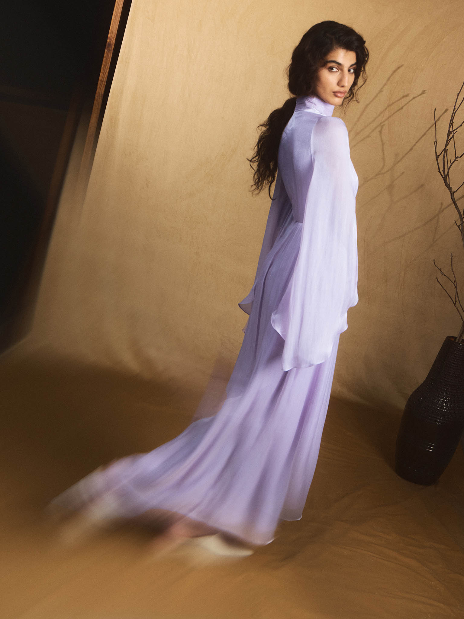 Metallic fabric maxi dress with light sleeves