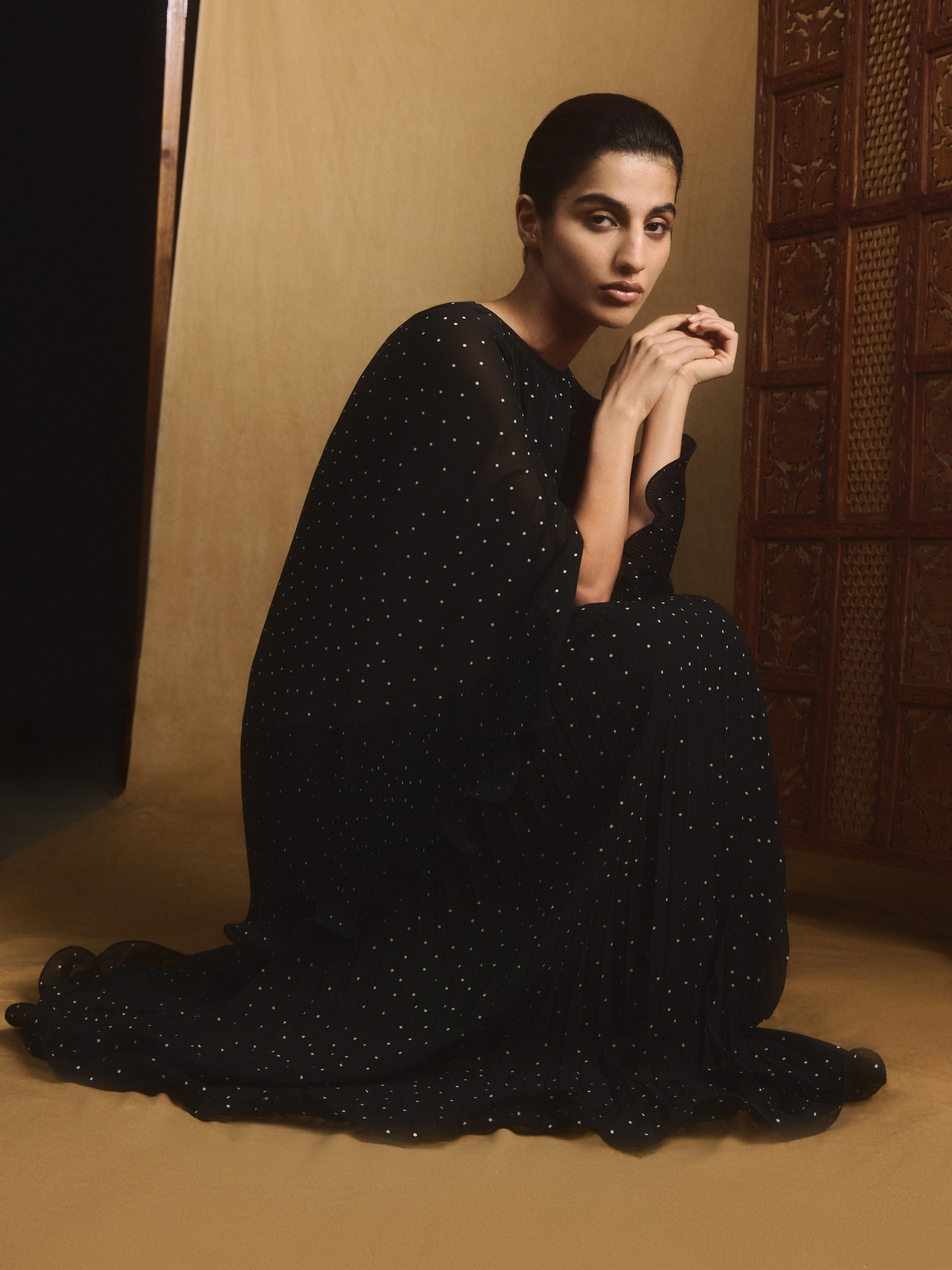 Polka dot chiffon maxi dress with voluminous cape