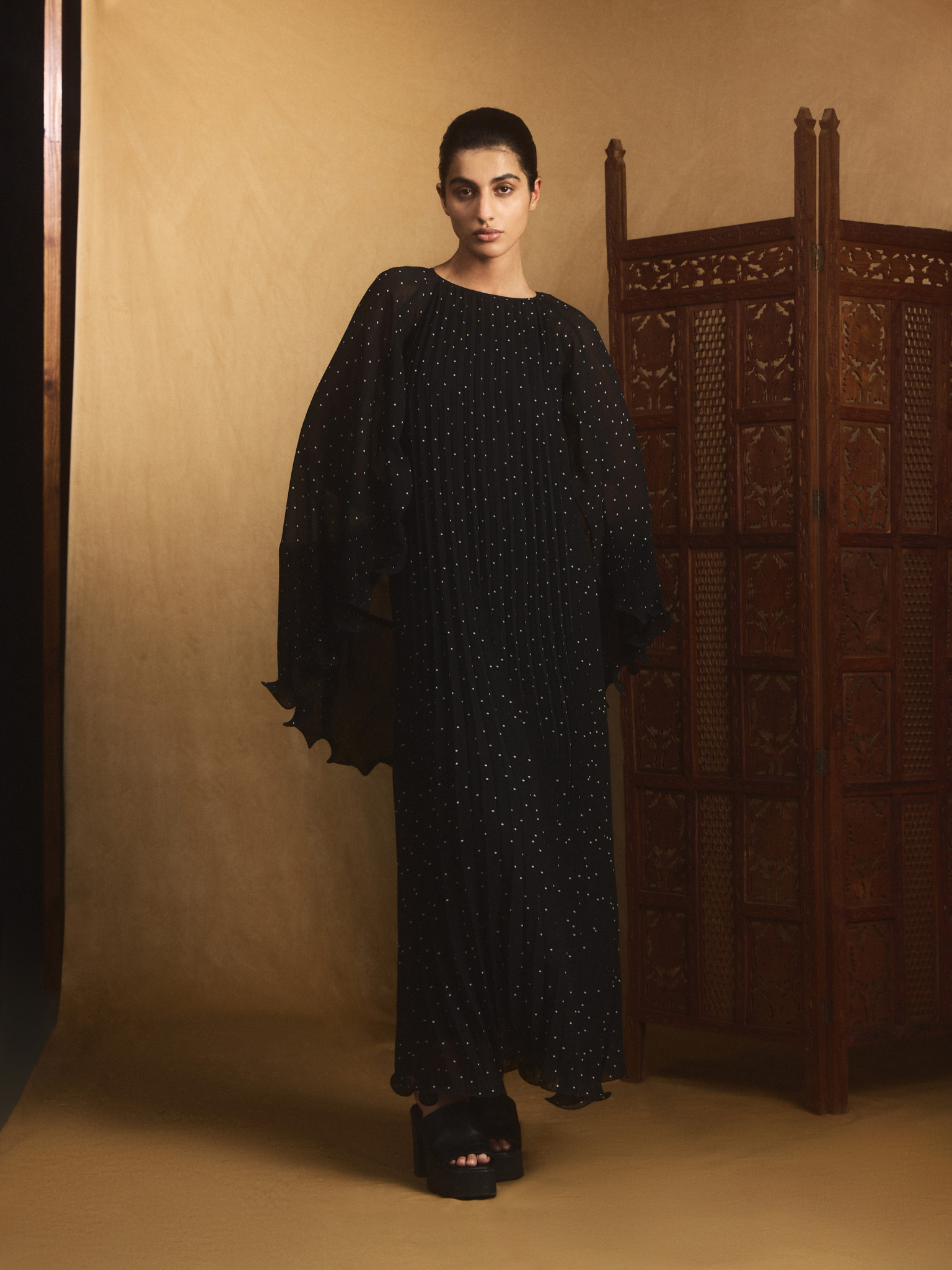 Polka dot chiffon maxi dress with voluminous cape