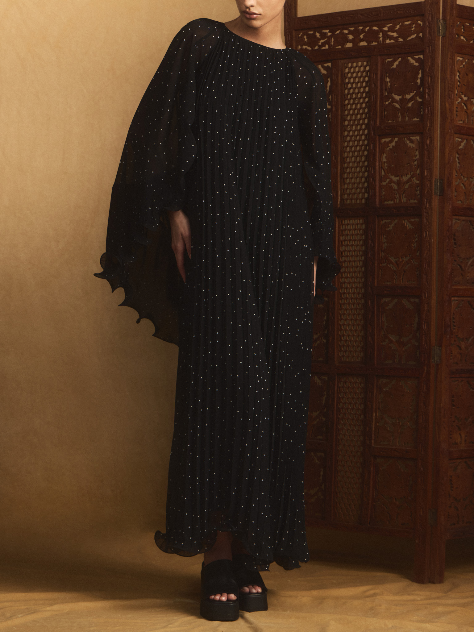 Polka dot chiffon maxi dress with voluminous cape