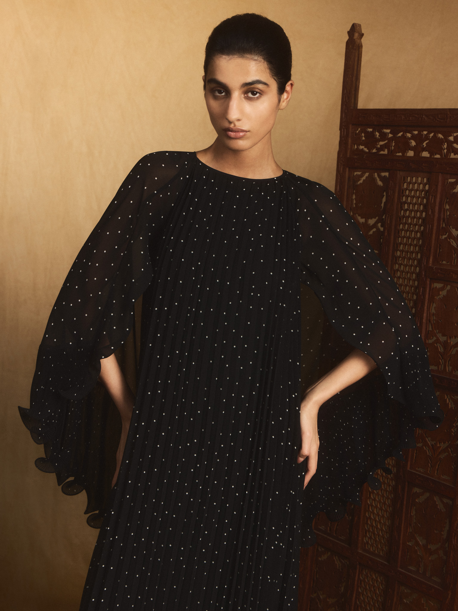 Polka dot chiffon maxi dress with voluminous cape