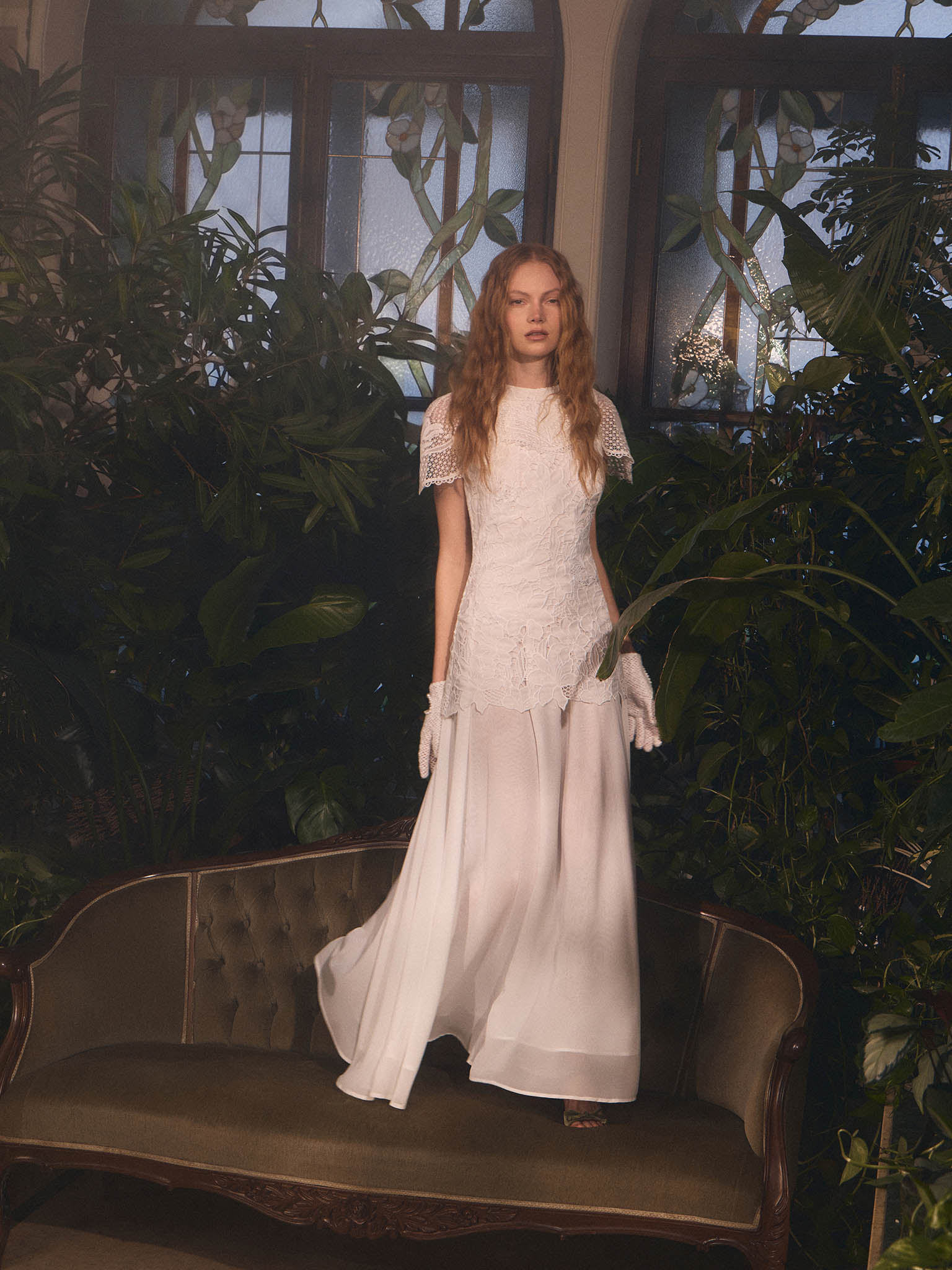 Maxi dress with guipure bodice and lightweight skirt