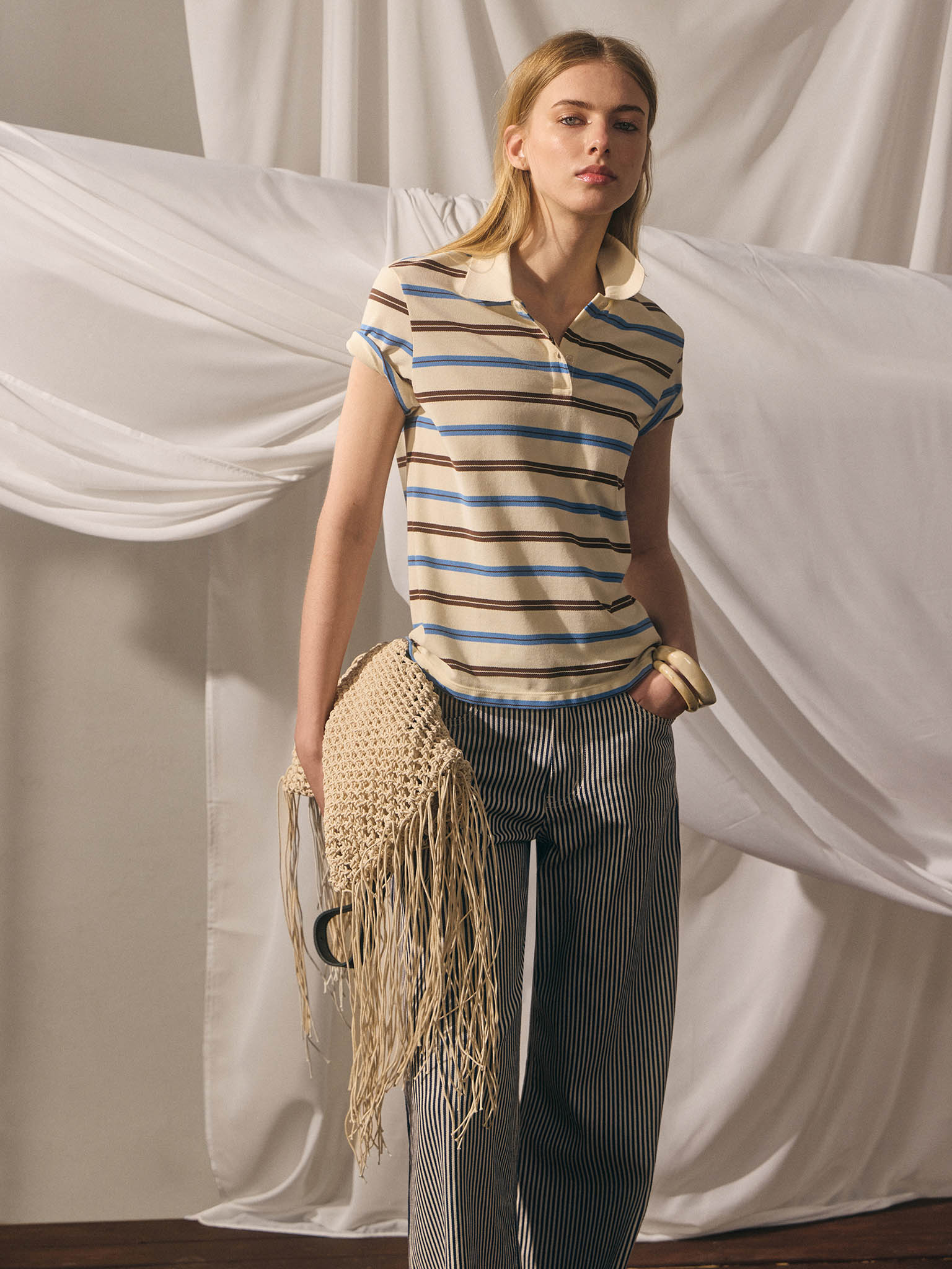 Loose-fitting cotton polo shirt with multicoloured stripes