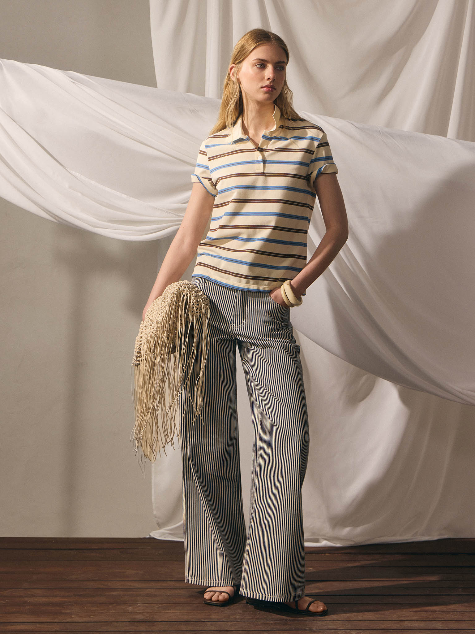 Loose-fitting cotton polo shirt with multicoloured stripes