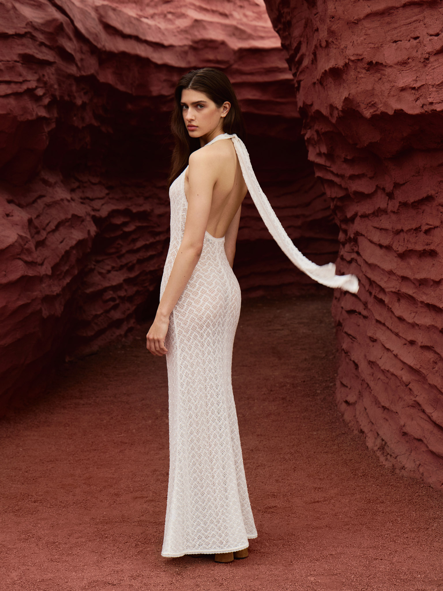 Maxi dress in openwork knit with golden detailing on the bodice :: LICHI -  Online fashion store