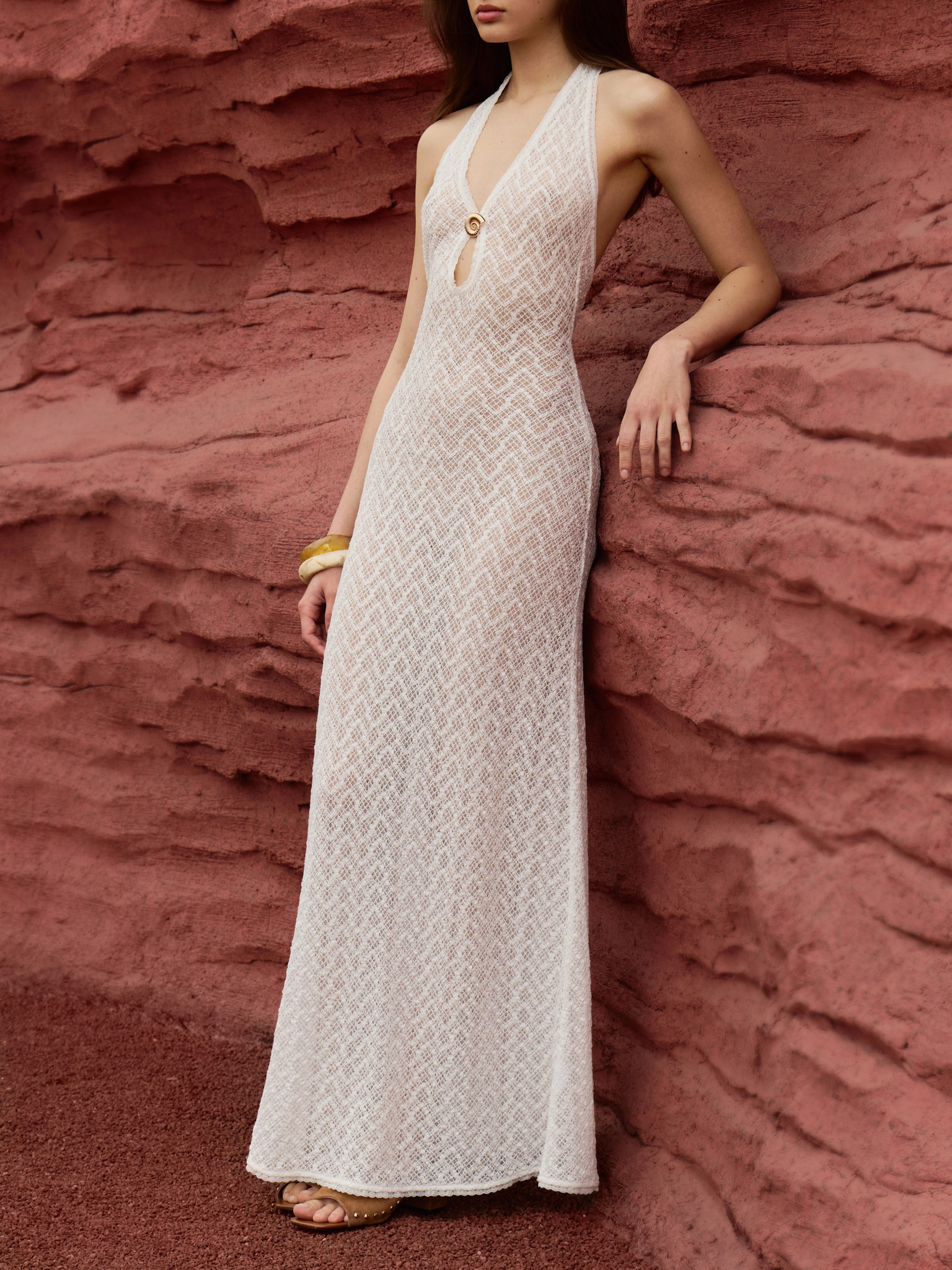 Maxi dress in openwork knit with golden detailing on the bodice :: LICHI -  Online fashion store