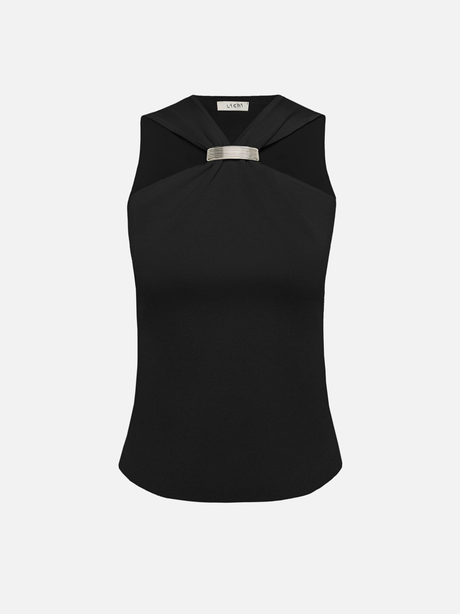Viscose top with a halter neck and metallic detailing