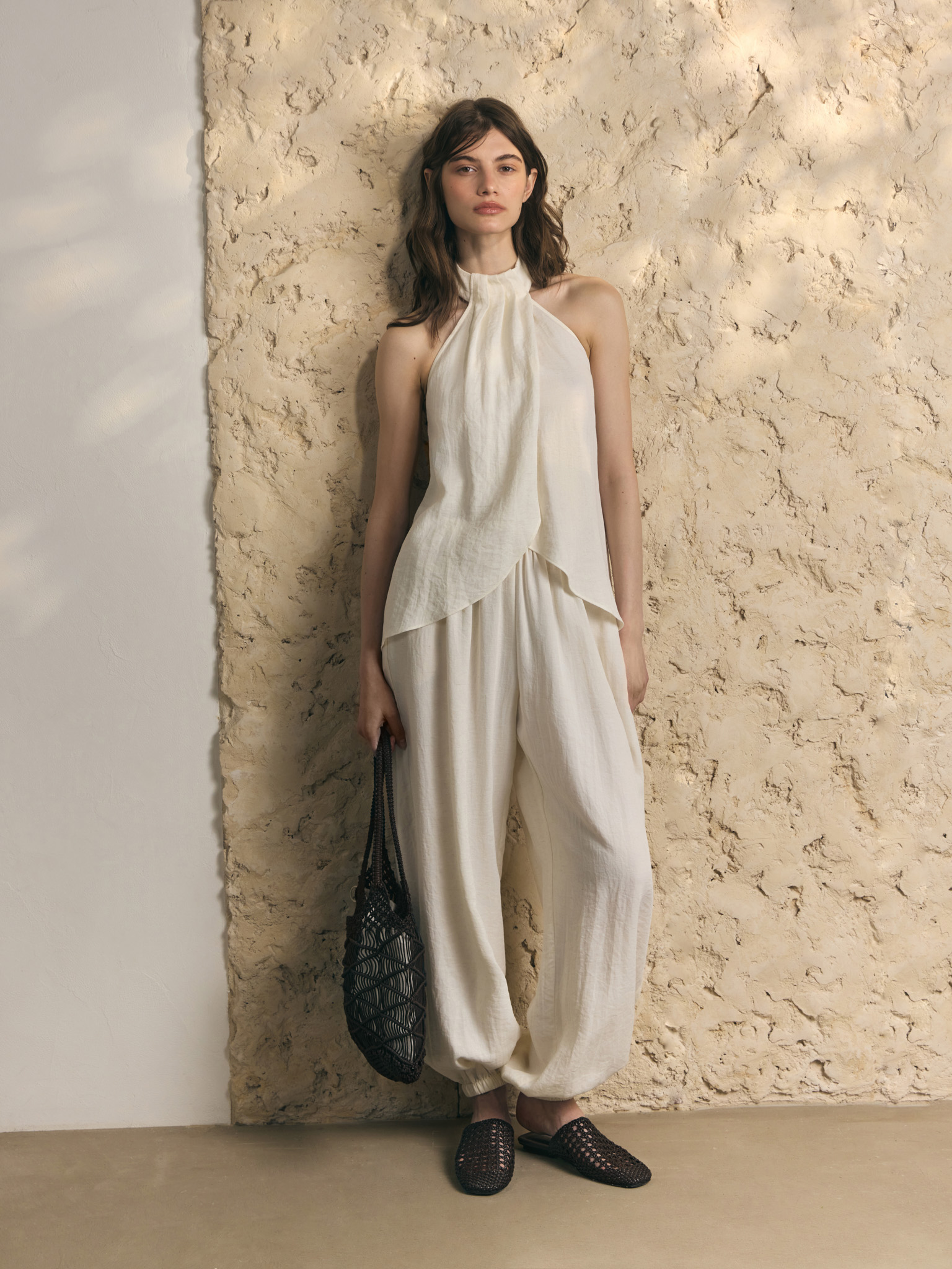 Draped textured top with halter neck