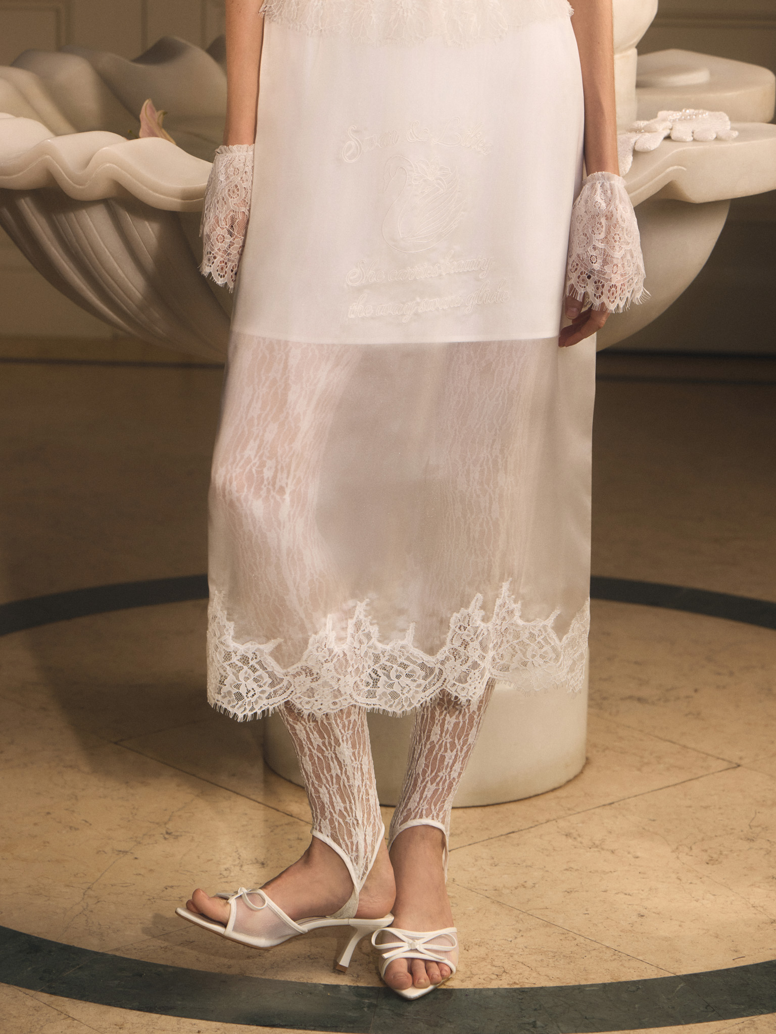 Semi-transparent midi skirt with embroidery and lace :: LICHI