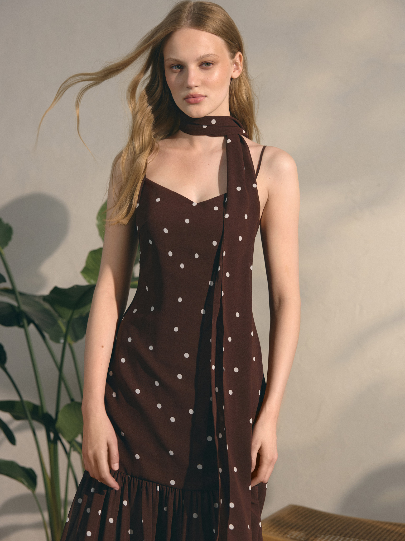 Polka dot maxi dress with a matching scarf :: LICHI - Online fashion store