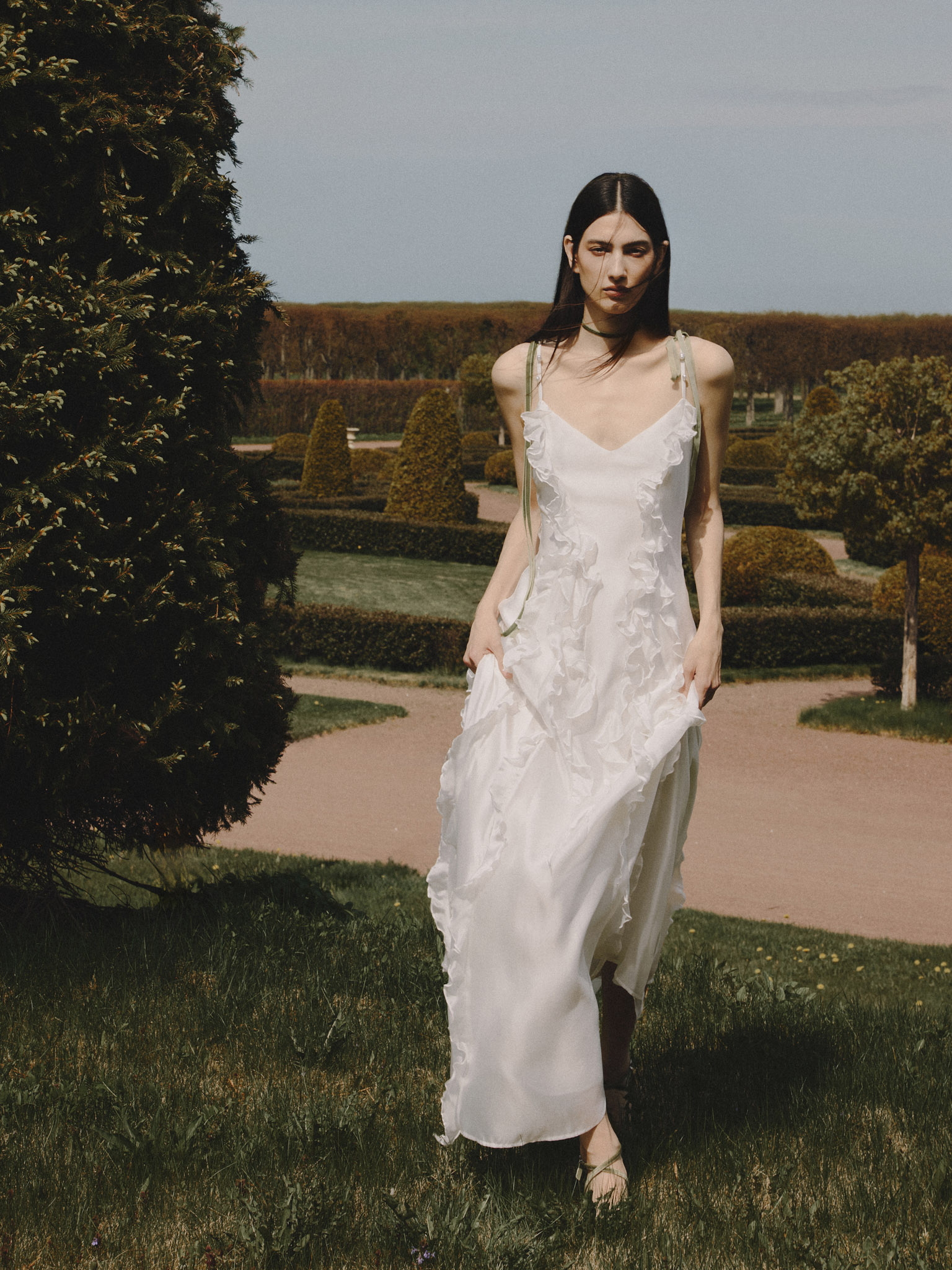 Satin maxi slip dress with small ruffles