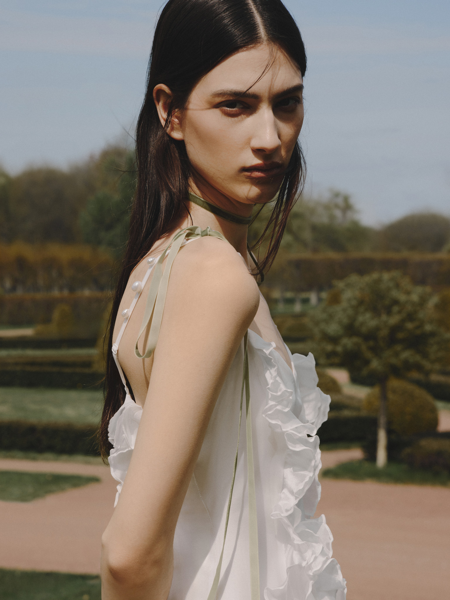 Satin maxi slip dress with small ruffles