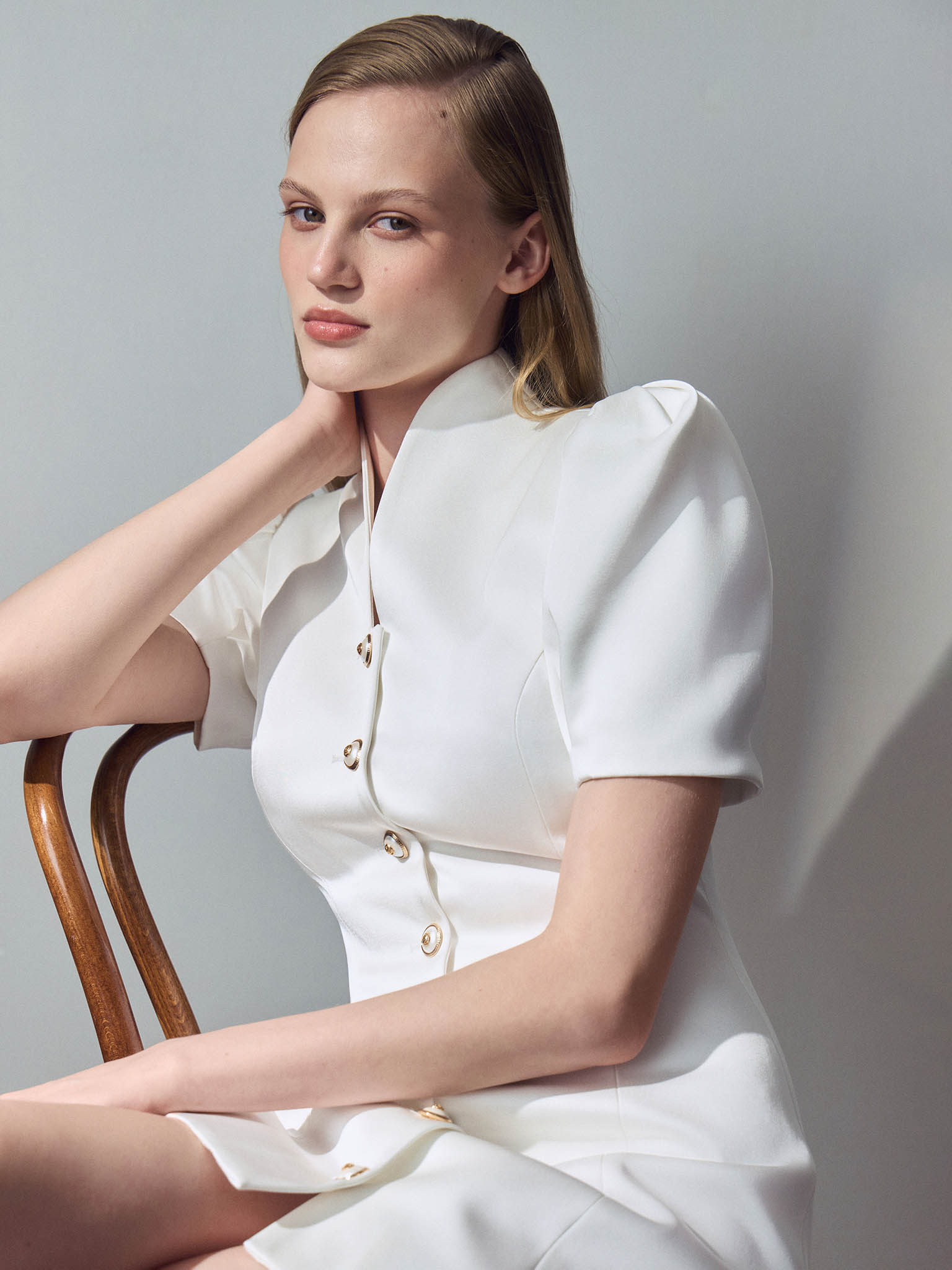 Smooth fabric mini dress with voluminous sleeves