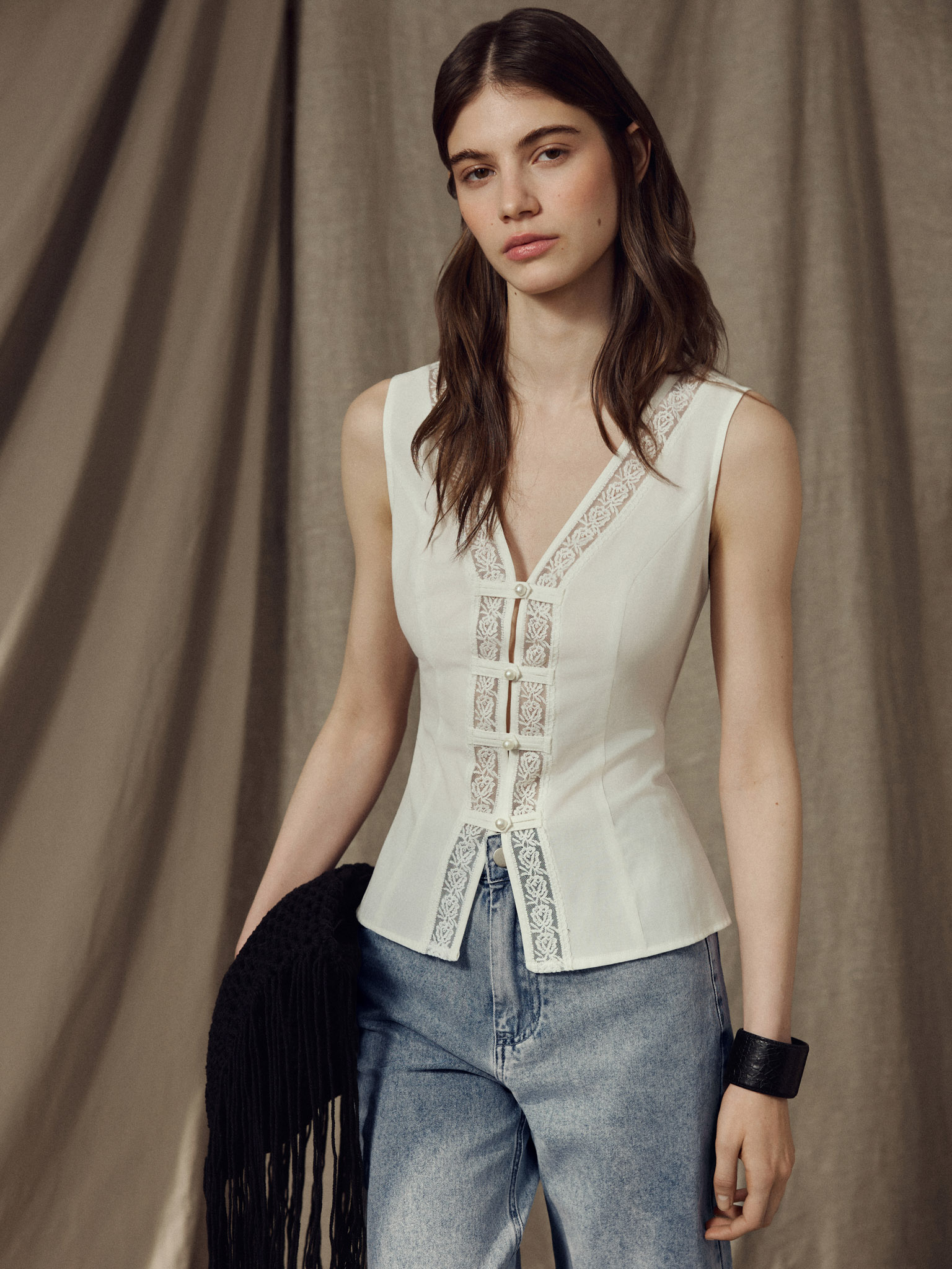 Top with lace detailing and pearlescent buttons :: LICHI - Online