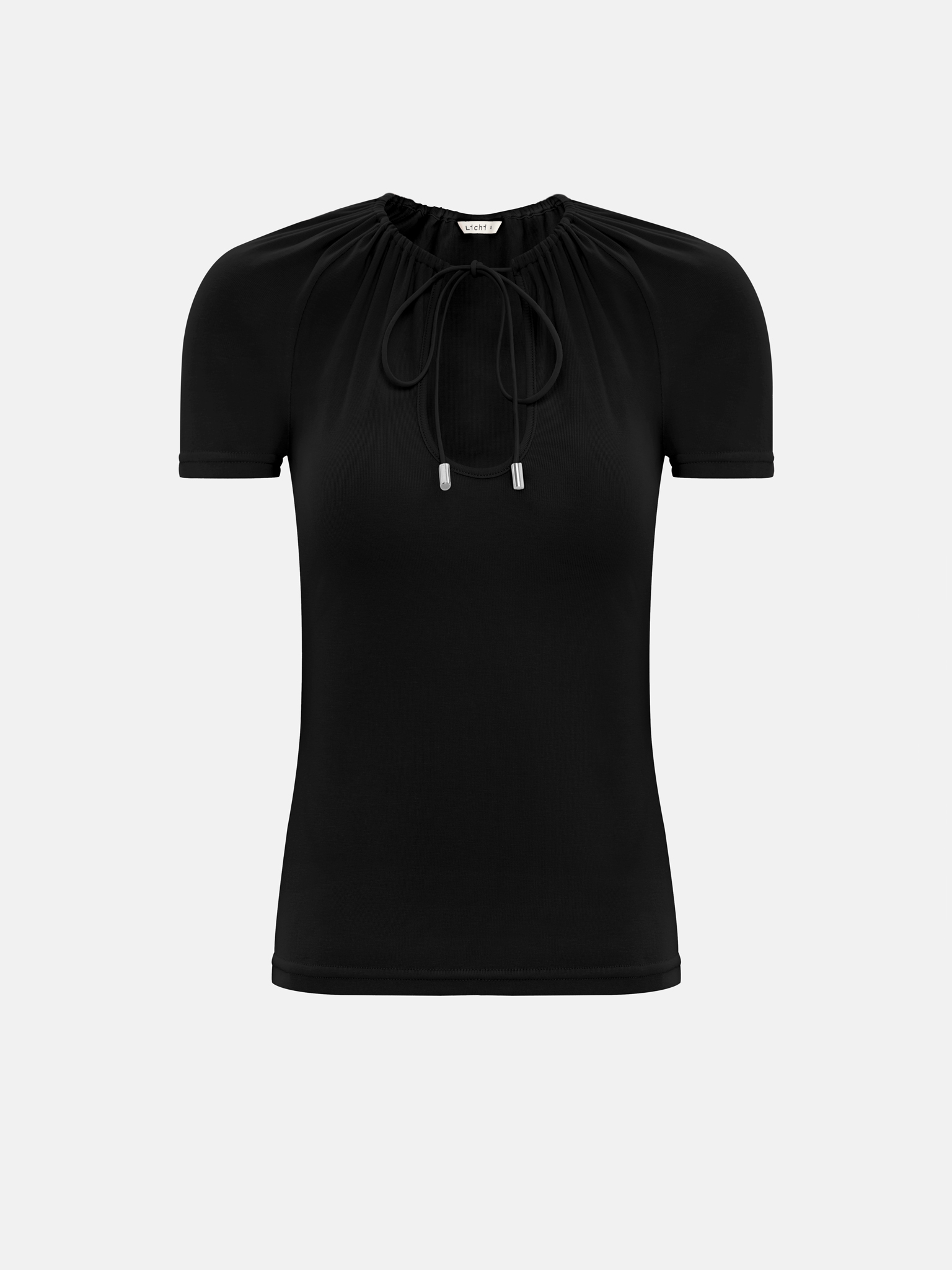 T-shirt with a teardrop neckline and tie-up collar