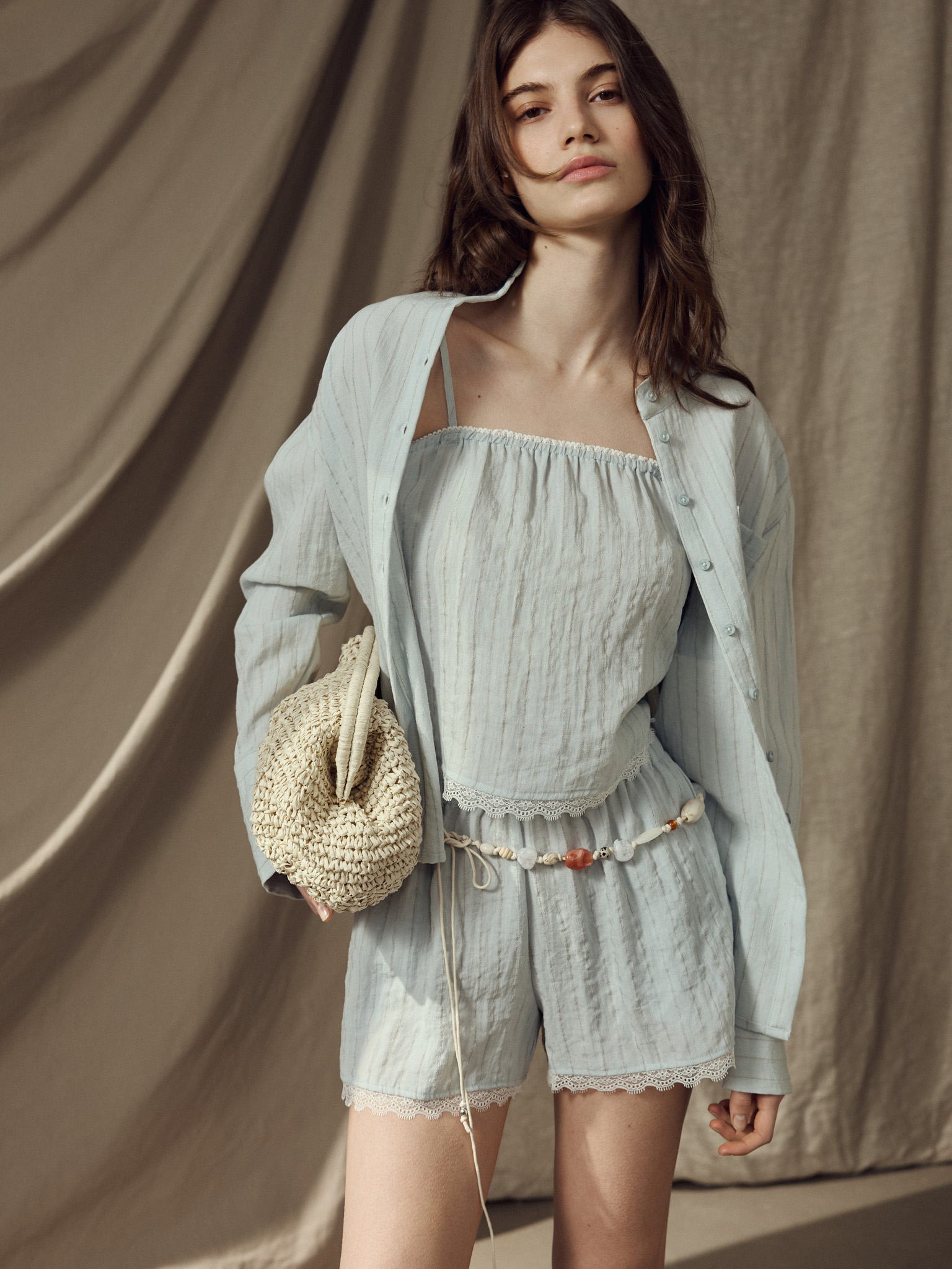 Viscose top with thin straps and openwork trim