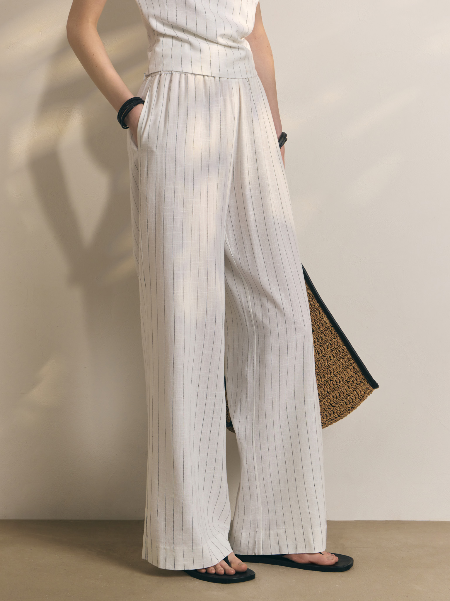 Pinstripe loose viscose and linen trousers