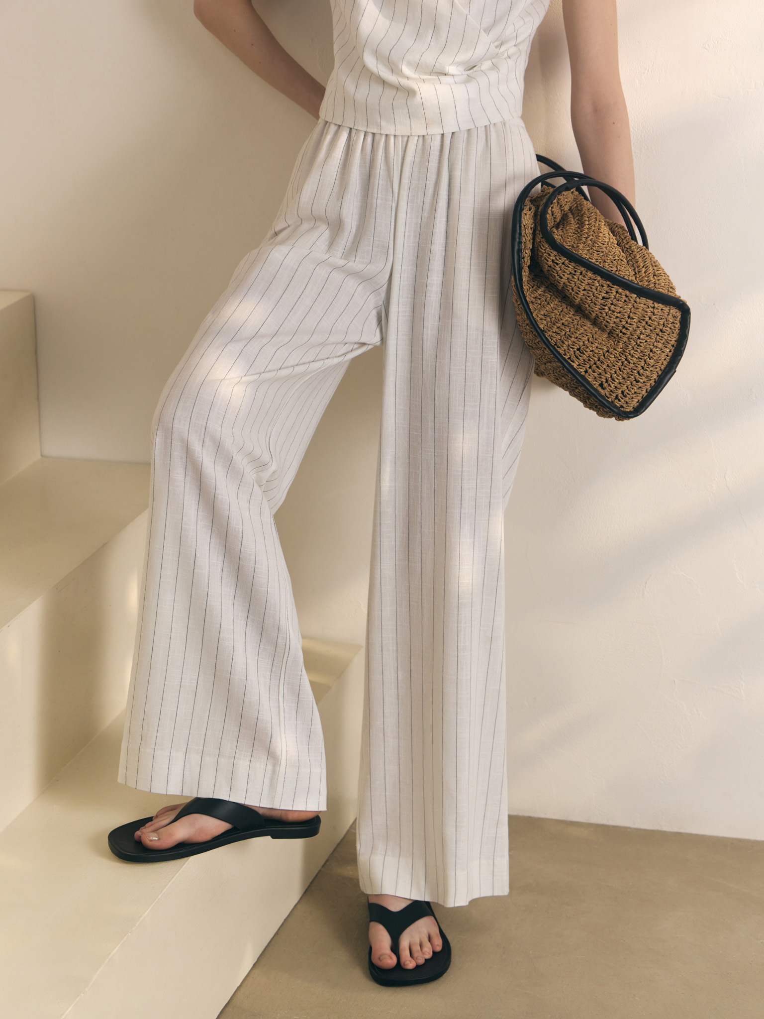 Pinstripe loose viscose and linen trousers