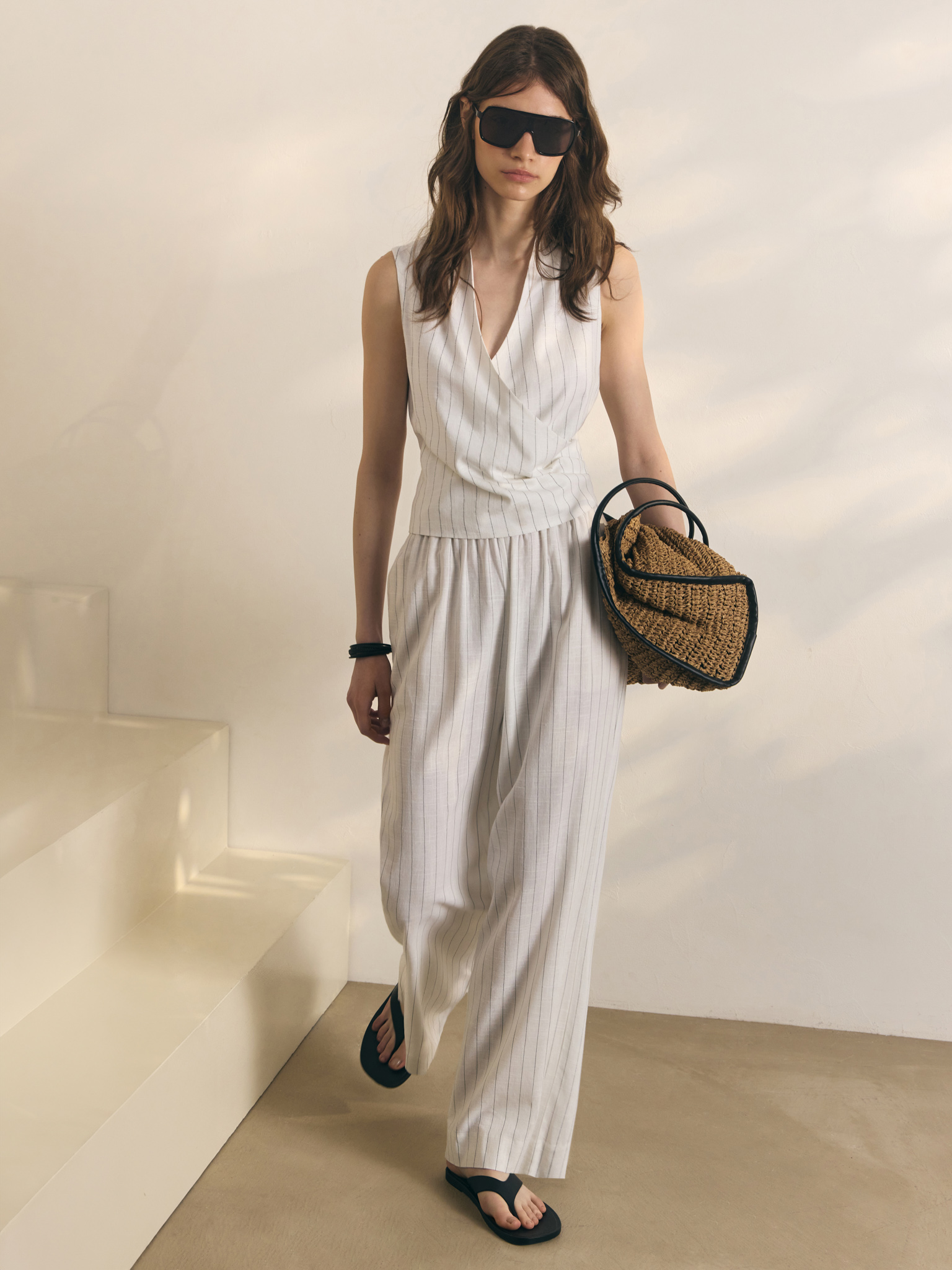 Pinstripe loose viscose and linen trousers